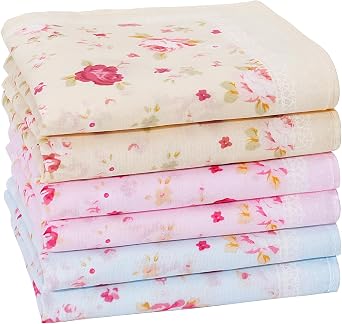 HOULIFE Handkerchiefs for Women, Soft Cotton Red Rose Floral Printing Handkerchief Vintage Women Flower Hankies