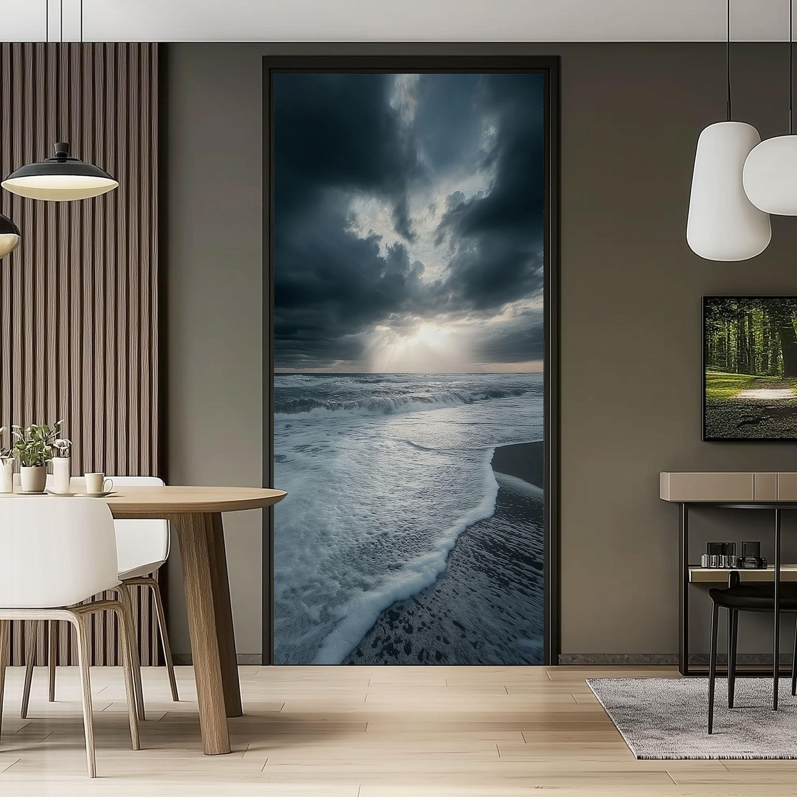 Naklejka na drzwi, samoprzylepna, 80 x 210 cm, naturalny krajobraz, plakat na drzwi - plaża, fale, ciemne chmury, trwała i wodoszczelna, fototapeta, folia na drzwi, szara 3D "zrób to sam", naklejka na