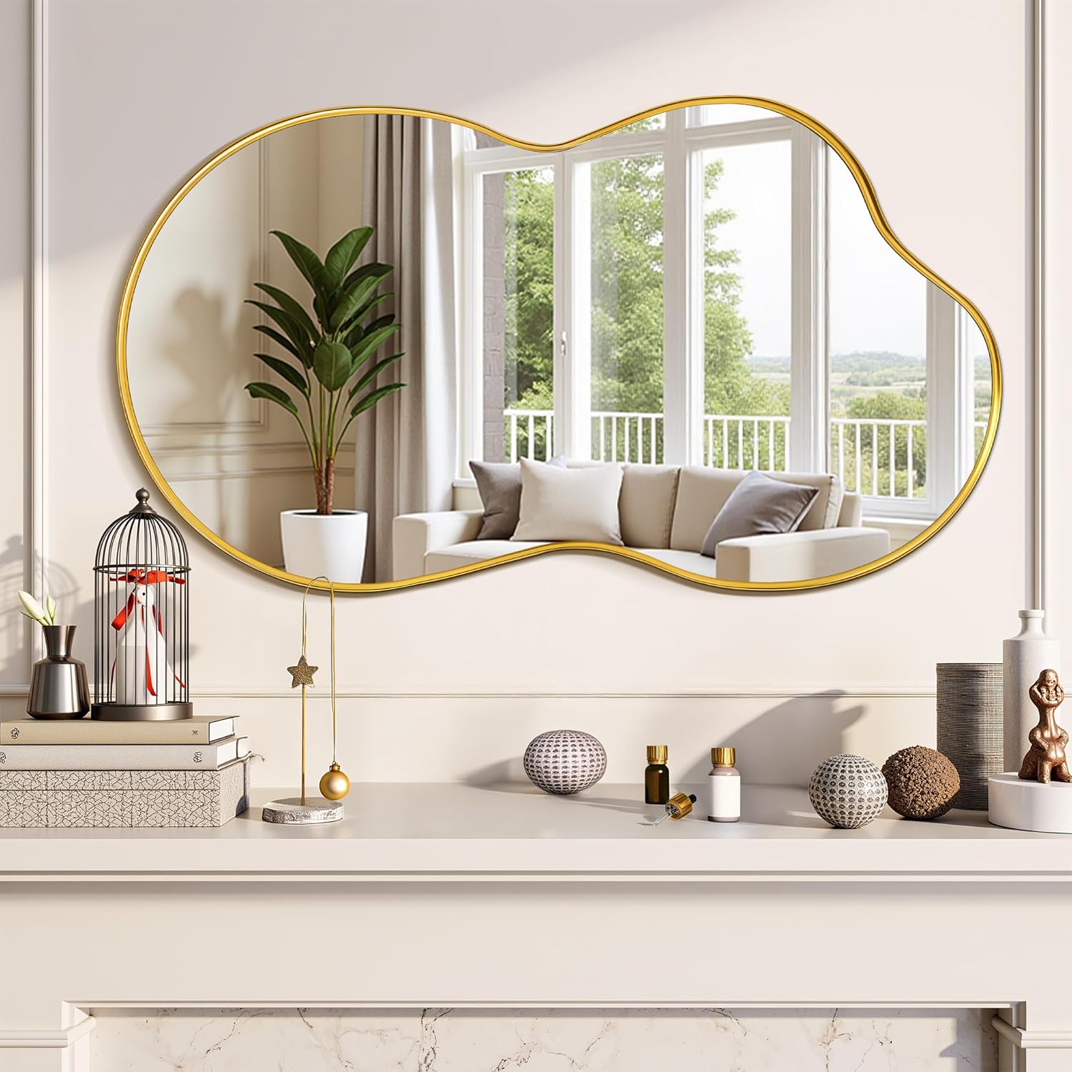 Suidia Irregular Wall Mirror, 36"x20" Bathroom Mirror Asymmetrical Mirrors Artistic Mirrors Decorative for Living Room Bedroom Bathroom Hallway Entryway, Gold, Cloud Style 36"L x 20"W Cloud Style Gold