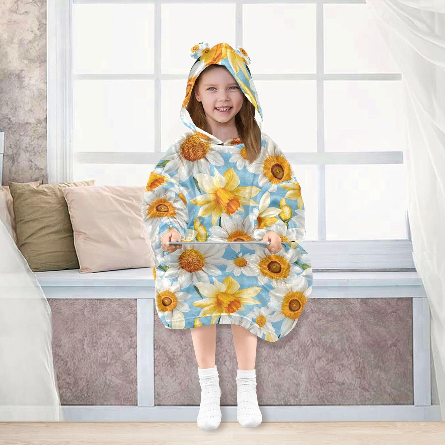 Flowers Yellow Kids Wearable Blanket Hoodie with Pocket and Sleeves for Toddlers, Cute Hoodies Girls Boys B0403708