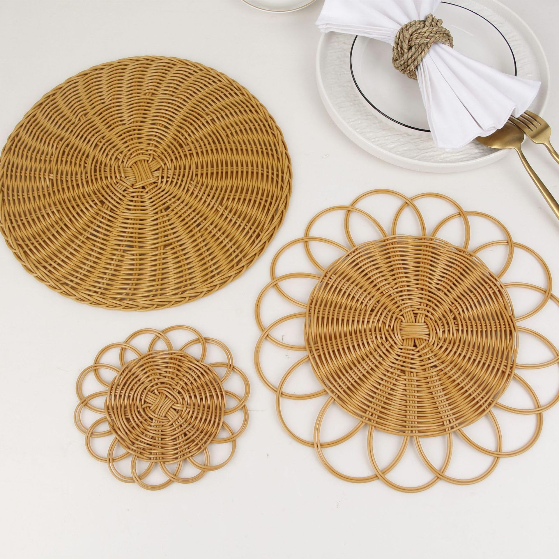 Dessous de verre résistant à la chaleur lot de 3 en plastique imitation rotin tissé cuisine