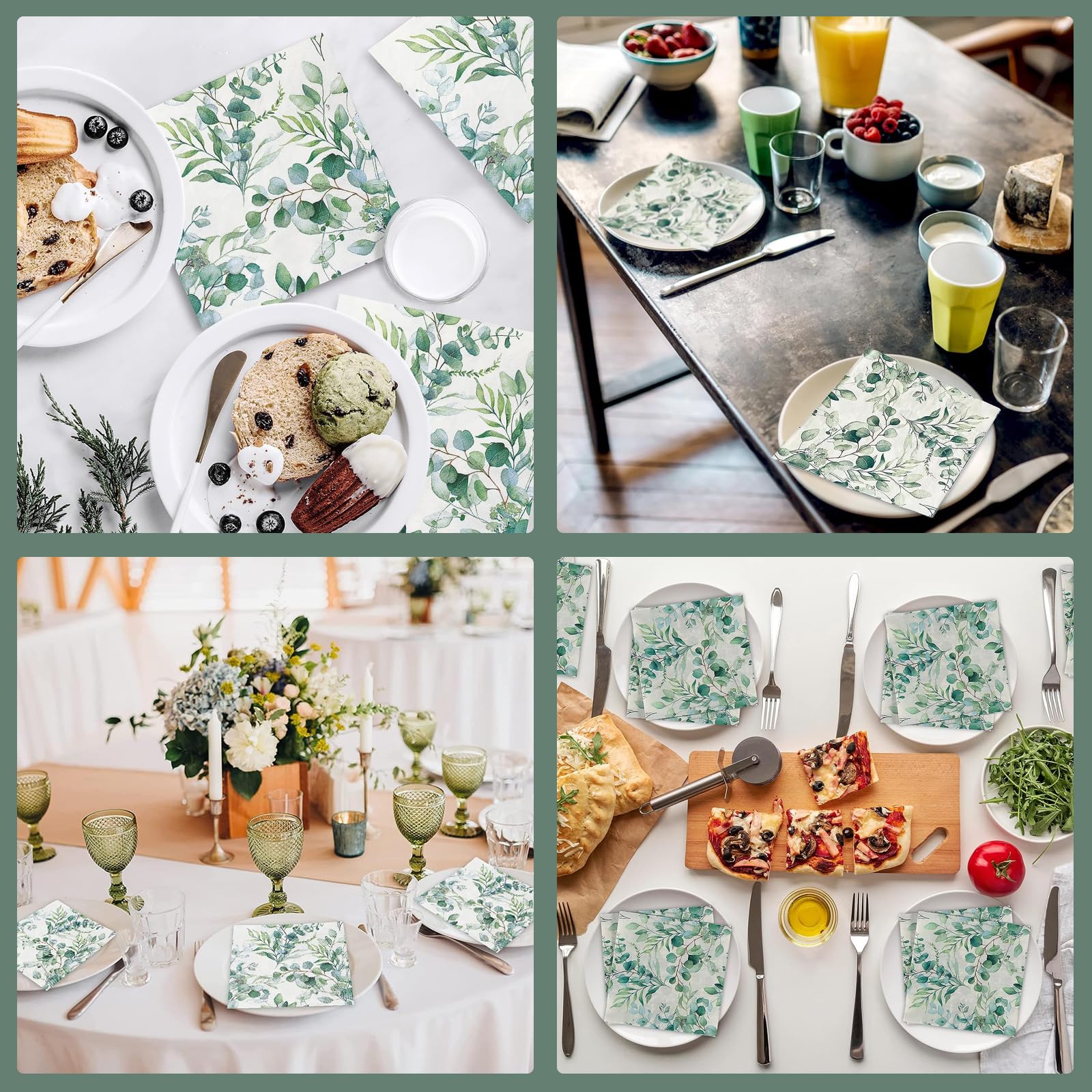 Lot De 80 Serviettes En Papier Eucalyptus Vert Sauge - Idéal Mariage, Baptême, Fête D'Été