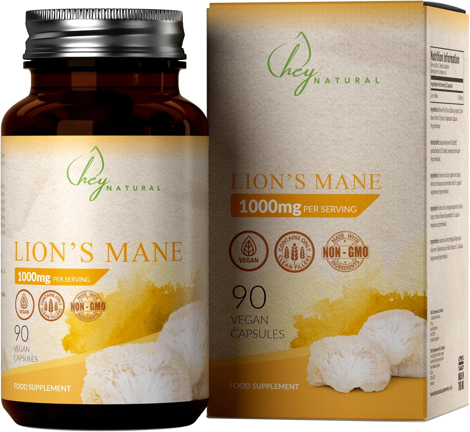 HN Lions Mane | 90 Lions Mane Capsules 1000mg per Serving – High Strength Supplement Mushroom Complex | Lion’s-Mane Mushroom Supplement | Non-GMO, Gluten & Allergen Free | Made in The UK