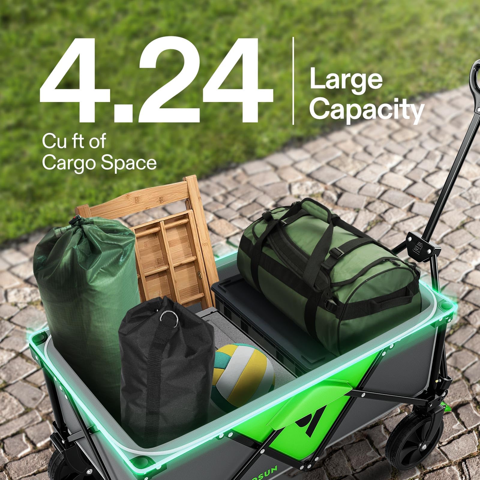 VIVOSUN Vagón plegable para uso al aire libre con ruedas universales silenciosas, portavasos y bolsillos laterales, asa ajustable, para camping, jardín, deportes, picnic, compras, 110 L, gris y verde