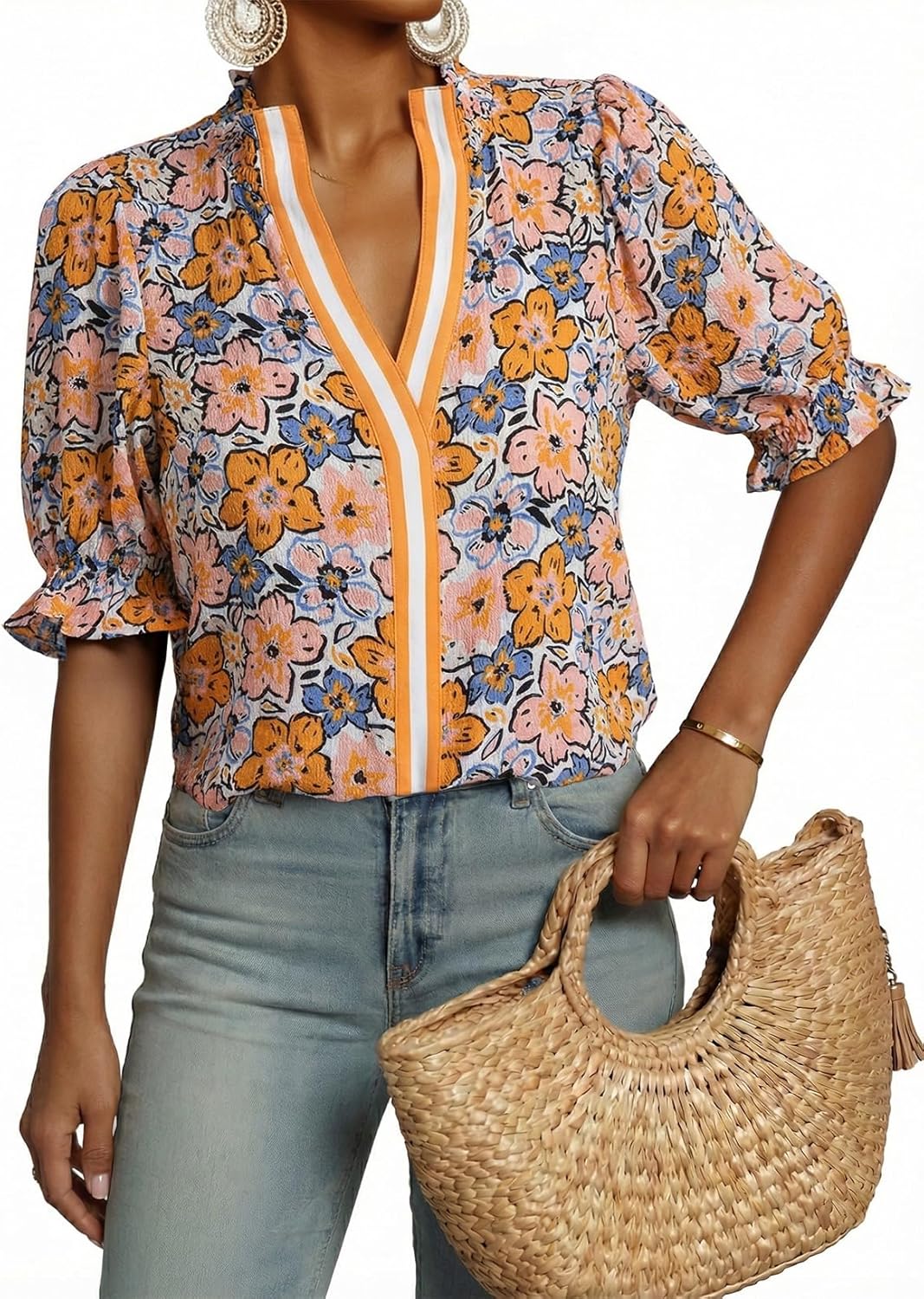 Dokotoo Women's Summer Boho Floral Ruffle Shirt Puff Short Sleeve V Neck Casual Trendy Cute Blouse Tops