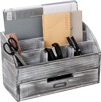 Rustic Wooden Office Desk Organizer 5 Compartment with 2 Drawer &Counter Home Tabletop Desktop Jewelry Mail Rack Storage Box for Pens Notebooks Folders Pencils Grey white