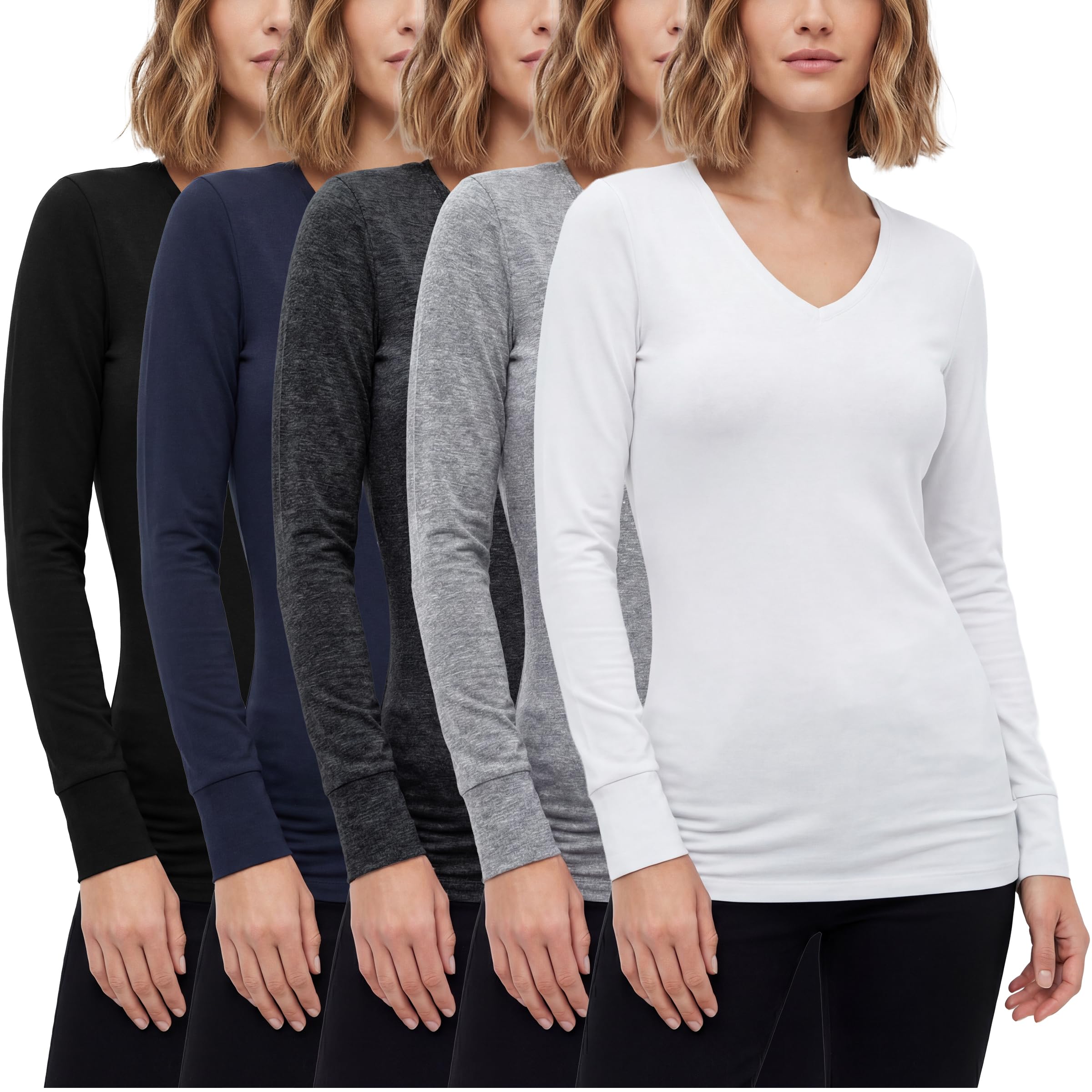 Sexy Basics Damen-T-Shirt, Baumwoll-Stretch, langärmelig, V-Ausschnitt, sportlich, legere und aktive Farben, Multipacks