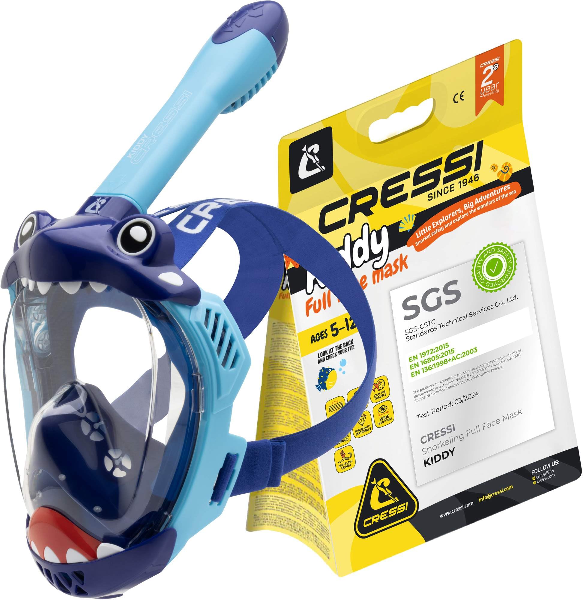 CRESSI Kiddy Kids Full Face Mask Azure/Blue/Blue White - Speziell für Kinder entwickelte Vollmaske, beschlagfrei, Auslassventil und Dry Schnorchel, Hellblau/Blau/Blau