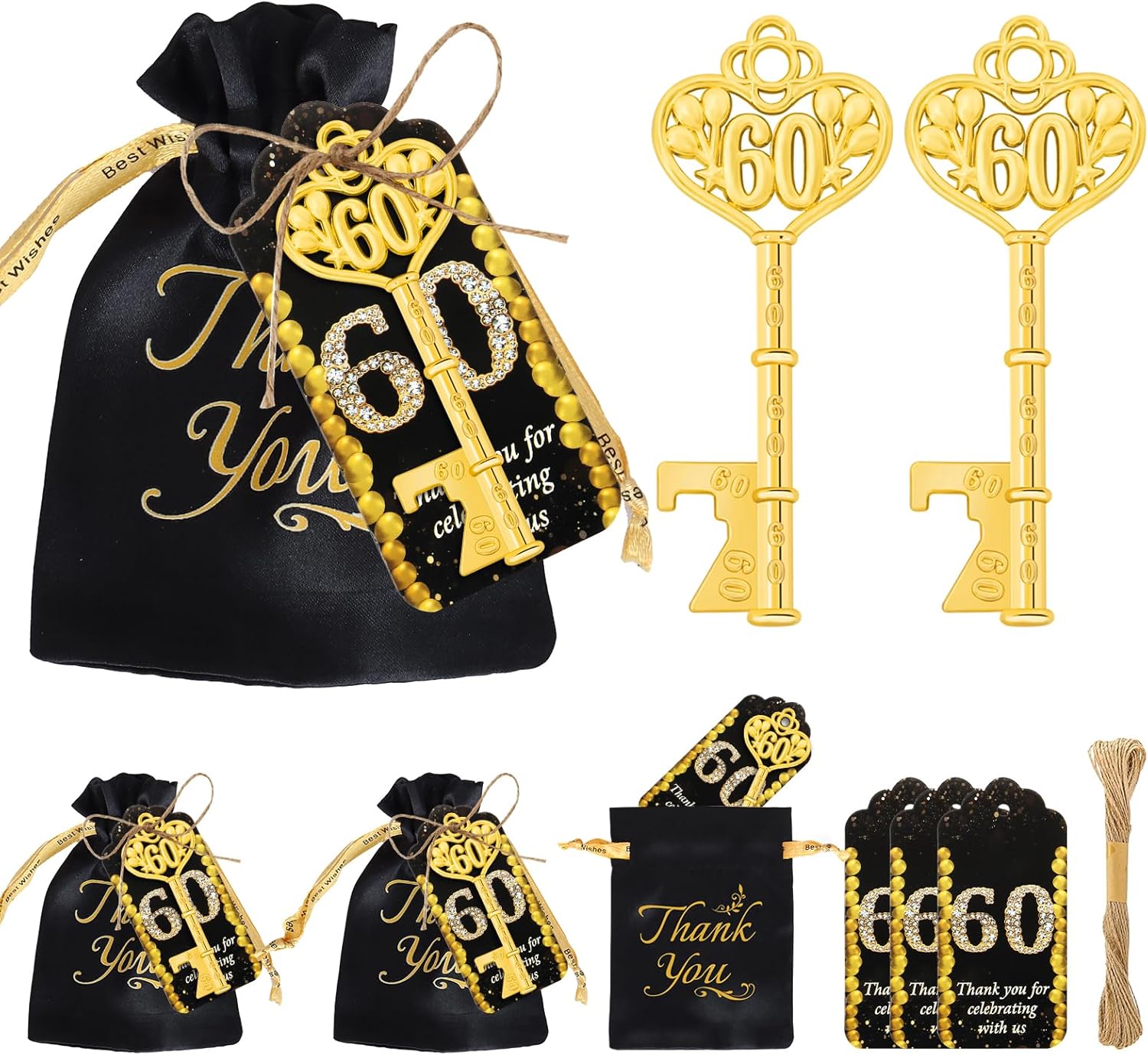 50Pcs 60th Gold Key Bottle Opener - 60th Birthday Party Favors, Anniversary Souvenirs With Thank You Cards