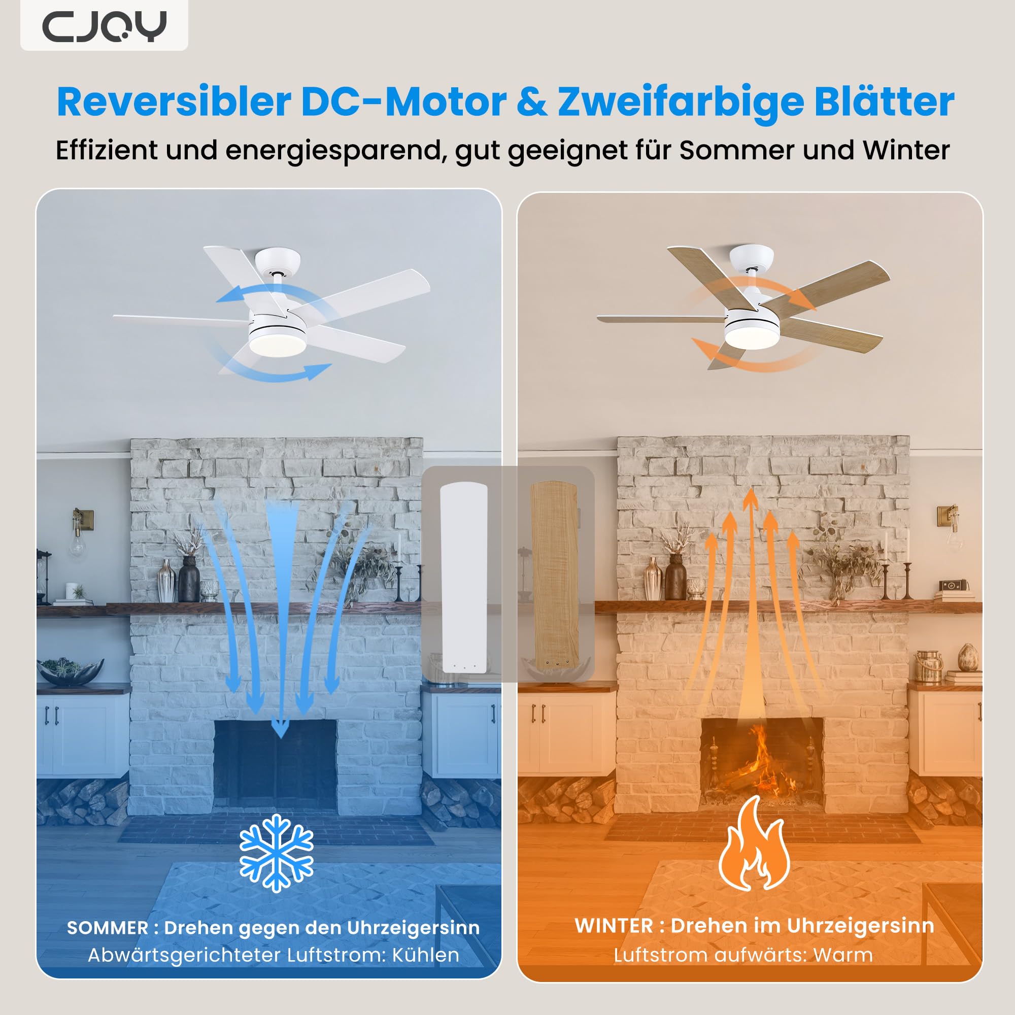 CJOY Deckenventilator mit Beleuchtung 107cm Weiß/Holz Fernbedienung Leise 3 CCT 5 Blätter Umkehrbar