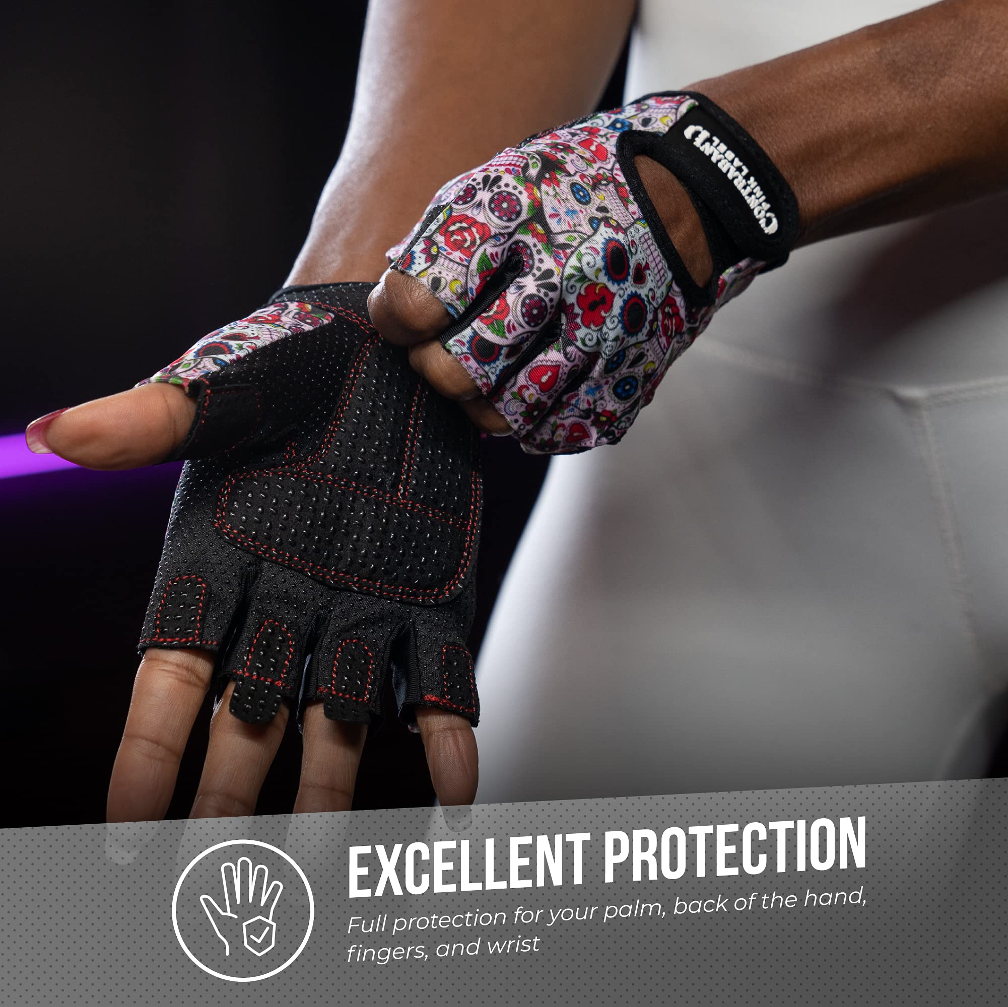 Contraband Pink Label 5237 - Guantes de musculación para mujer con diseño de calaveras (par), Medium, Blanco