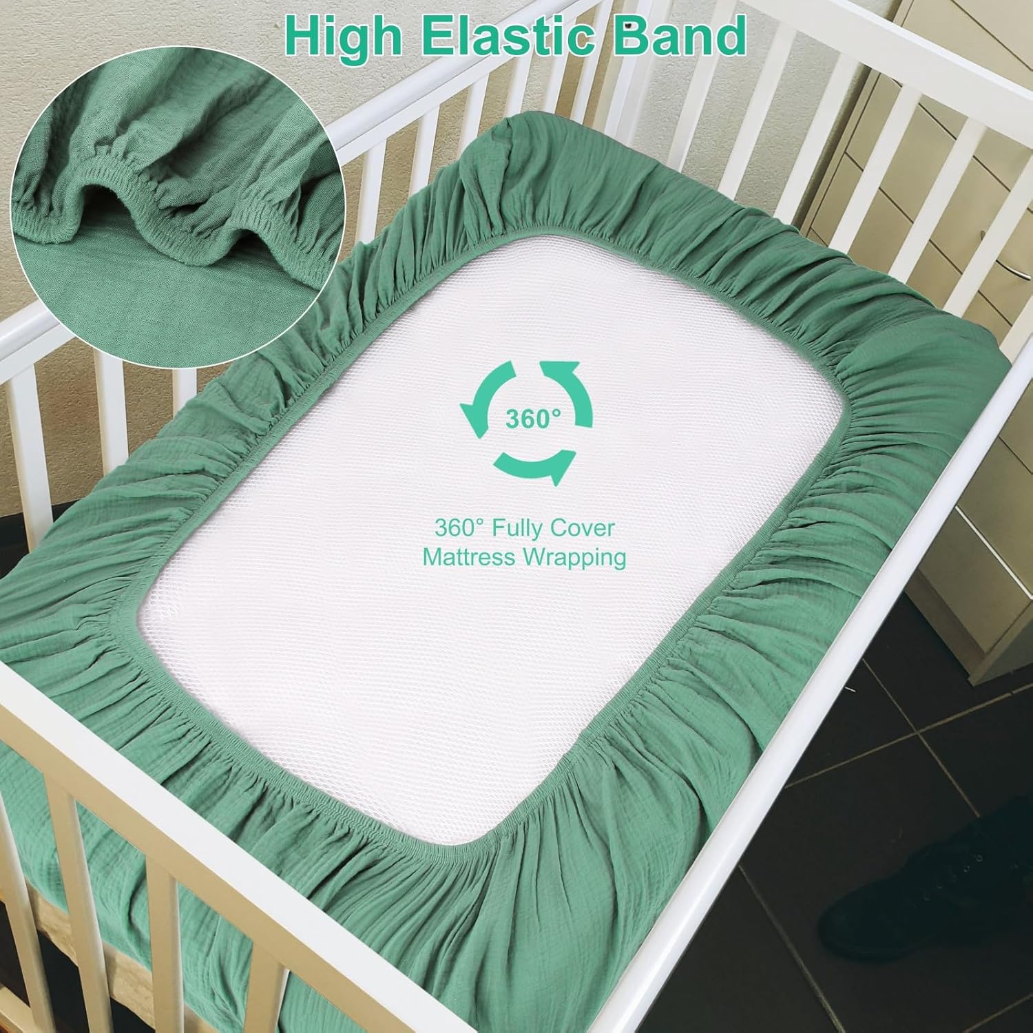 2 Pack Green & Grey Muslin Cotton Crib Sheets for Girls & Boys-Neutral Breathable Crib Mattress Protector Fitted for Standard 28"x 52" -Nursery Décor No Slip Bed Cover