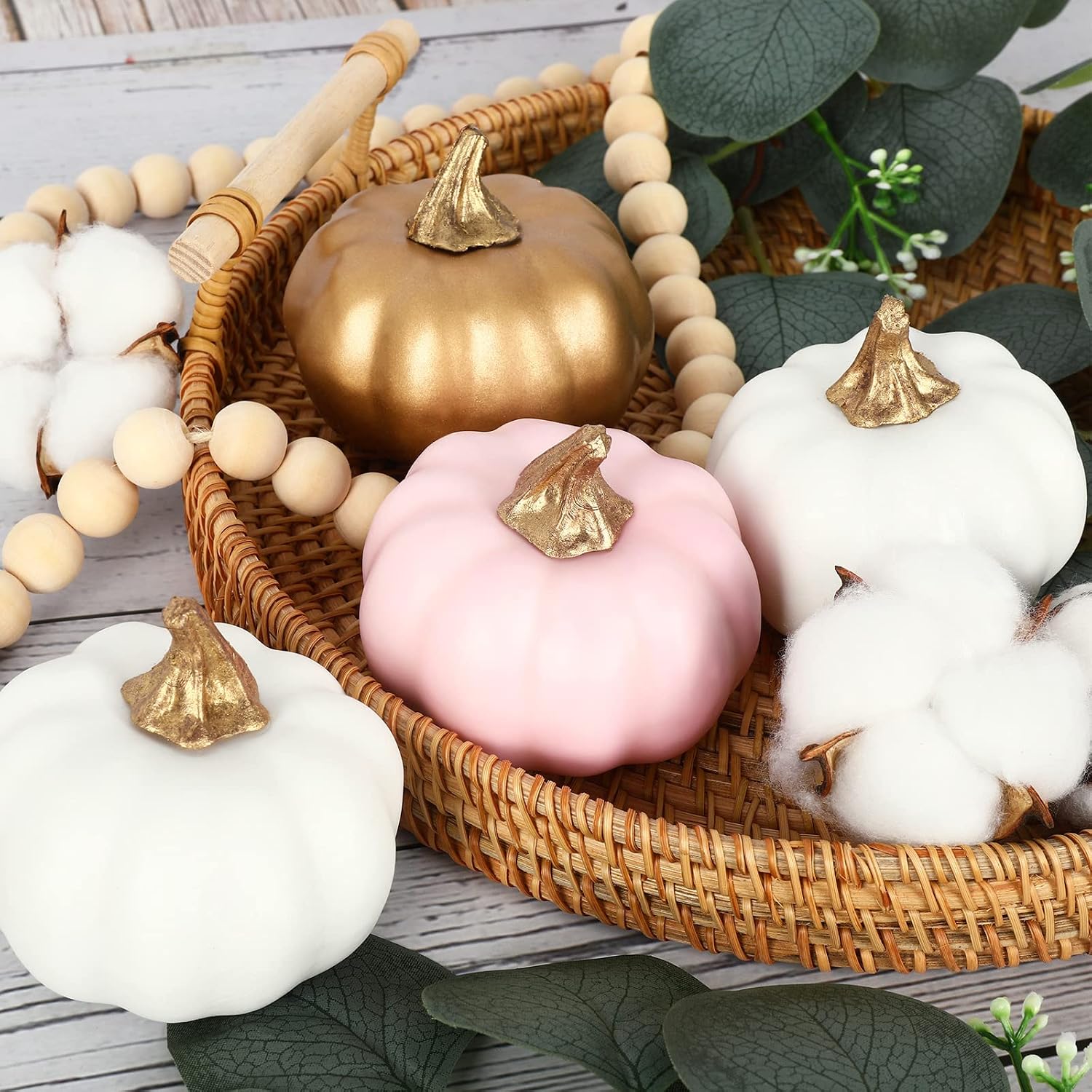 AnyDesign 12Pcs Fall Artificial Pumpkins Mini White Pink Gold Fake Foam Pumpkins Faux Harvest Vegetables for Autumn Thanksgiving Home Party Halloween Holiday Farmhouse Decorations