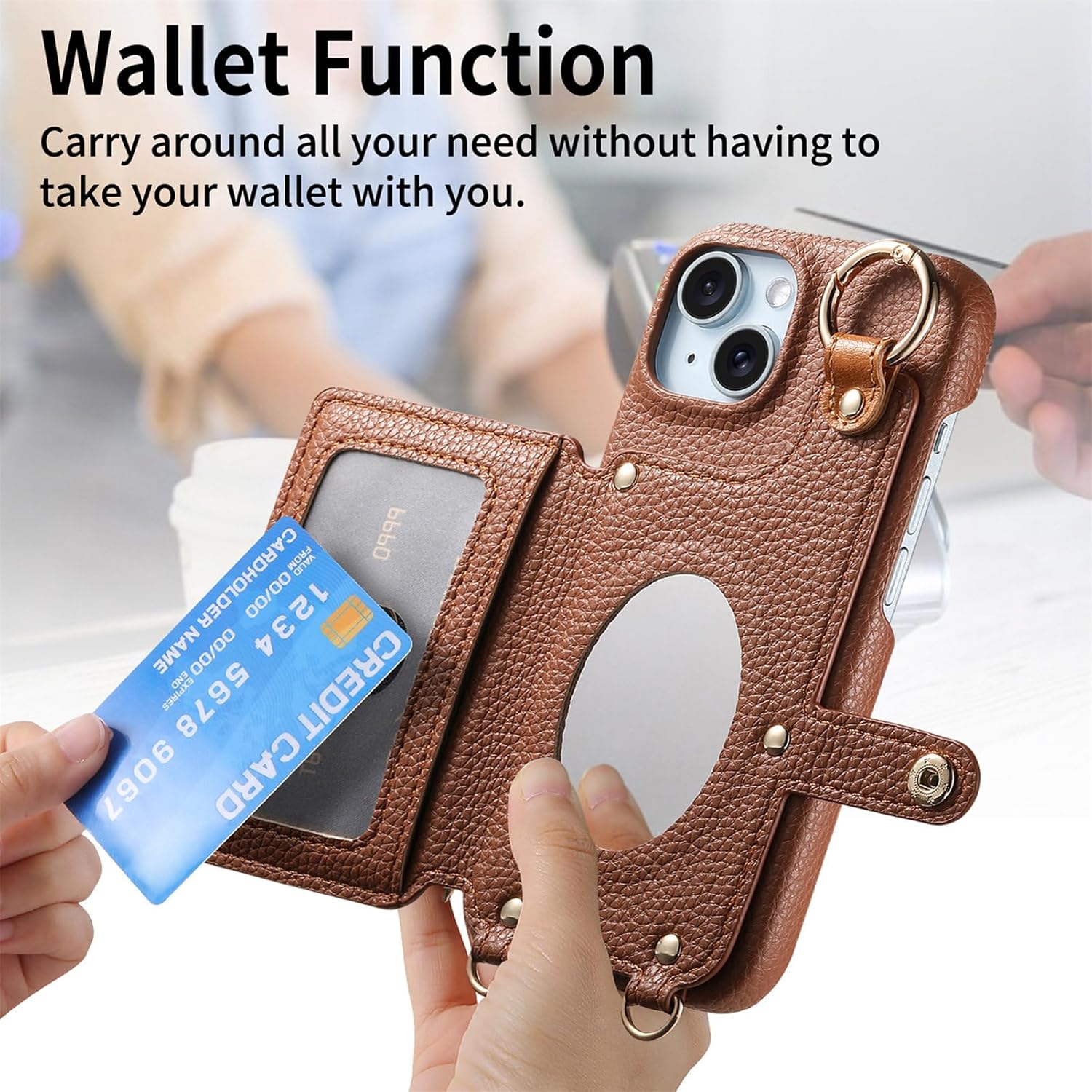 Wallet Case for iPhone 14 with Lanyard Strap Card Slot Holder RFID Blocking 360° Ring Kickstand,Magnetic Flip Folio Zipper Purse Case, PU Leather Cover Handbag,Brown