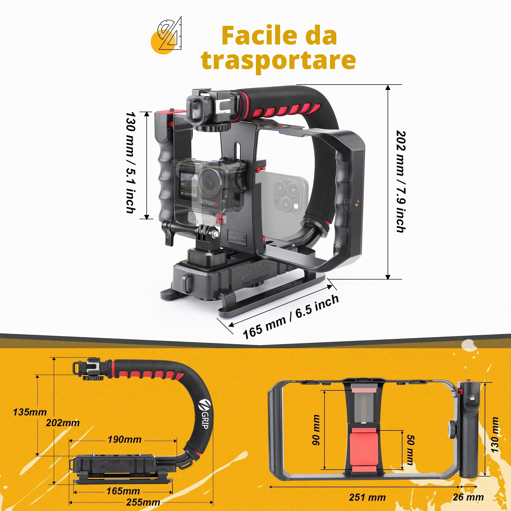 Zeadio Stabilizzatore video portatile per videocamera d’azione con supporto video per smartphone per tutte le videocamere d’azione, videocamere e smartphone