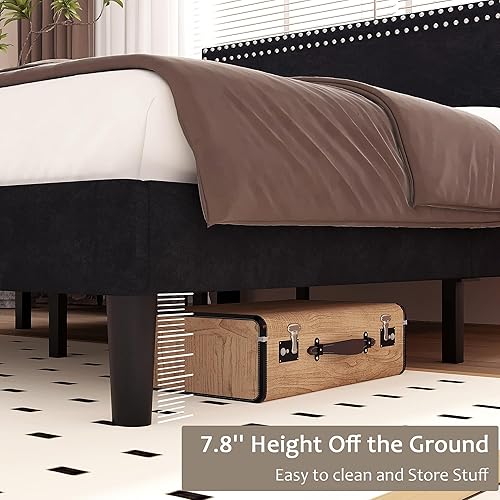 Miniatura 6 de VECELO Base de cama de plataforma de tamaño matrimonial con cabecera tapizada ajustable, base de colchón moderna, soporte de listones de madera