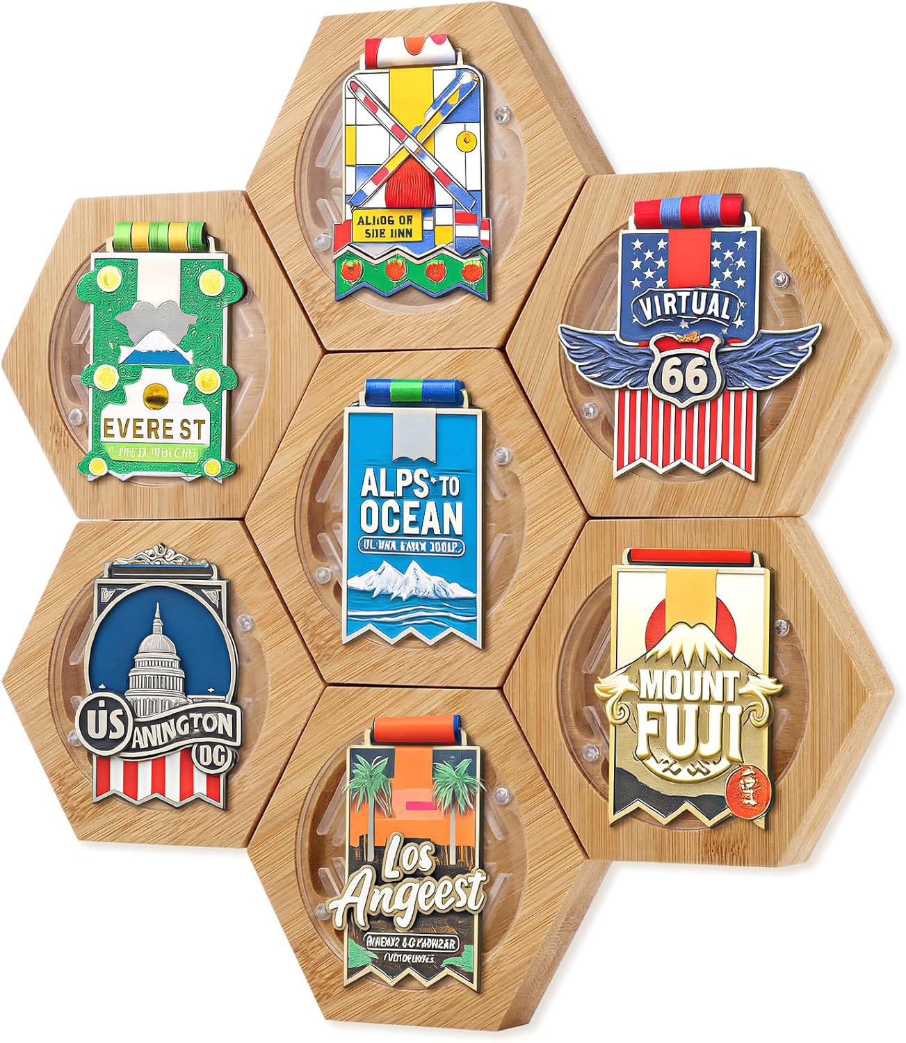 Kathfly 7 Pack Medal Hanger Display Honeycomb Design Wooden Hexagon Award Storage Case for Wall, Medal Stand Holder for Sports Basketball Gymnastics Soccer Softball Holder, No Drill (Acrylic)