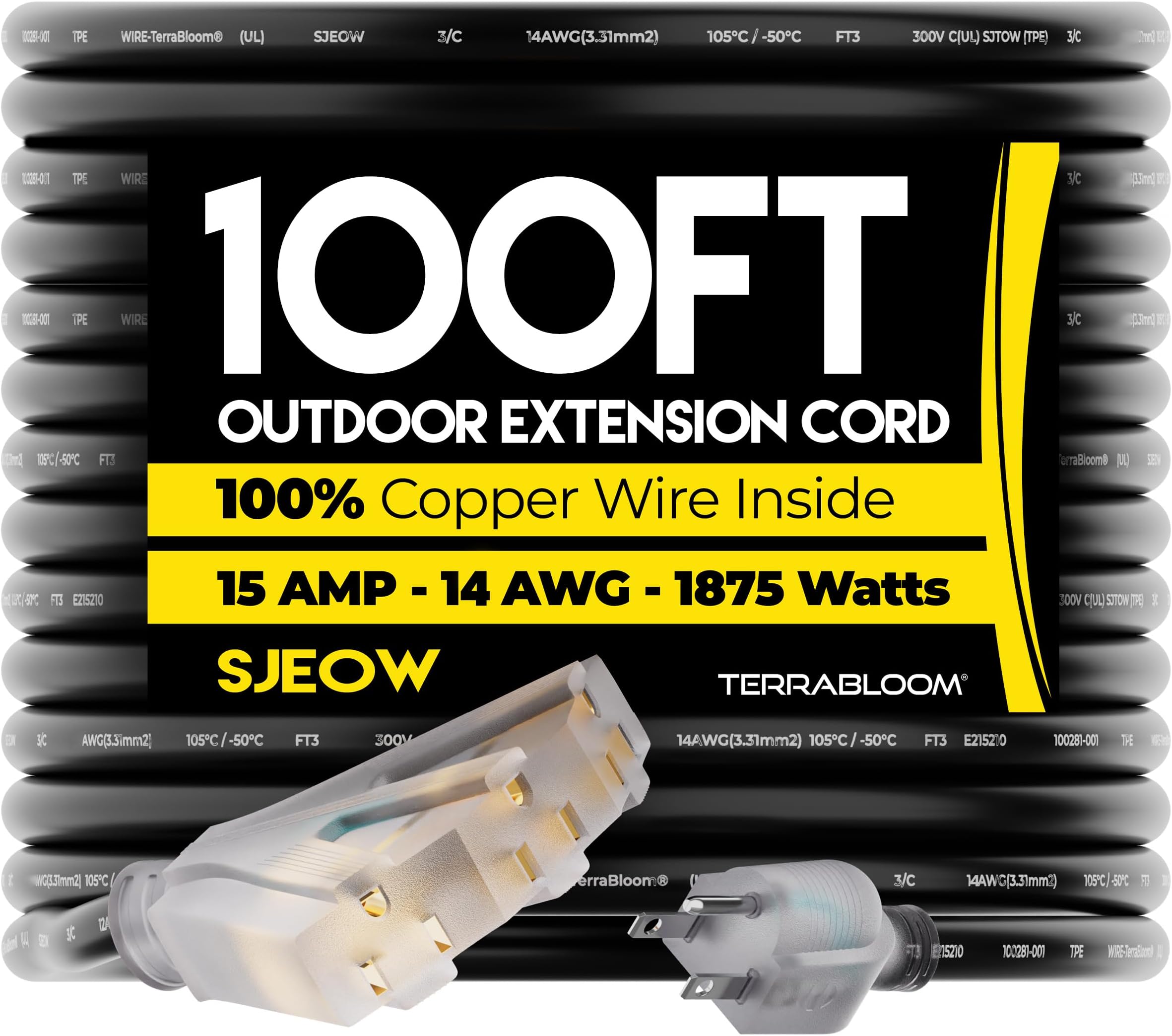 TerraBloom 14/3 Heavy Duty Extension Cord 100 FT Outdoor - Black Outdoor Extension Cord Multiple Outlet - Ultra-Flexible SJEOW Rubber, Light Indicator, Triple Outlet for Maximum Efficiency - 15 Amp