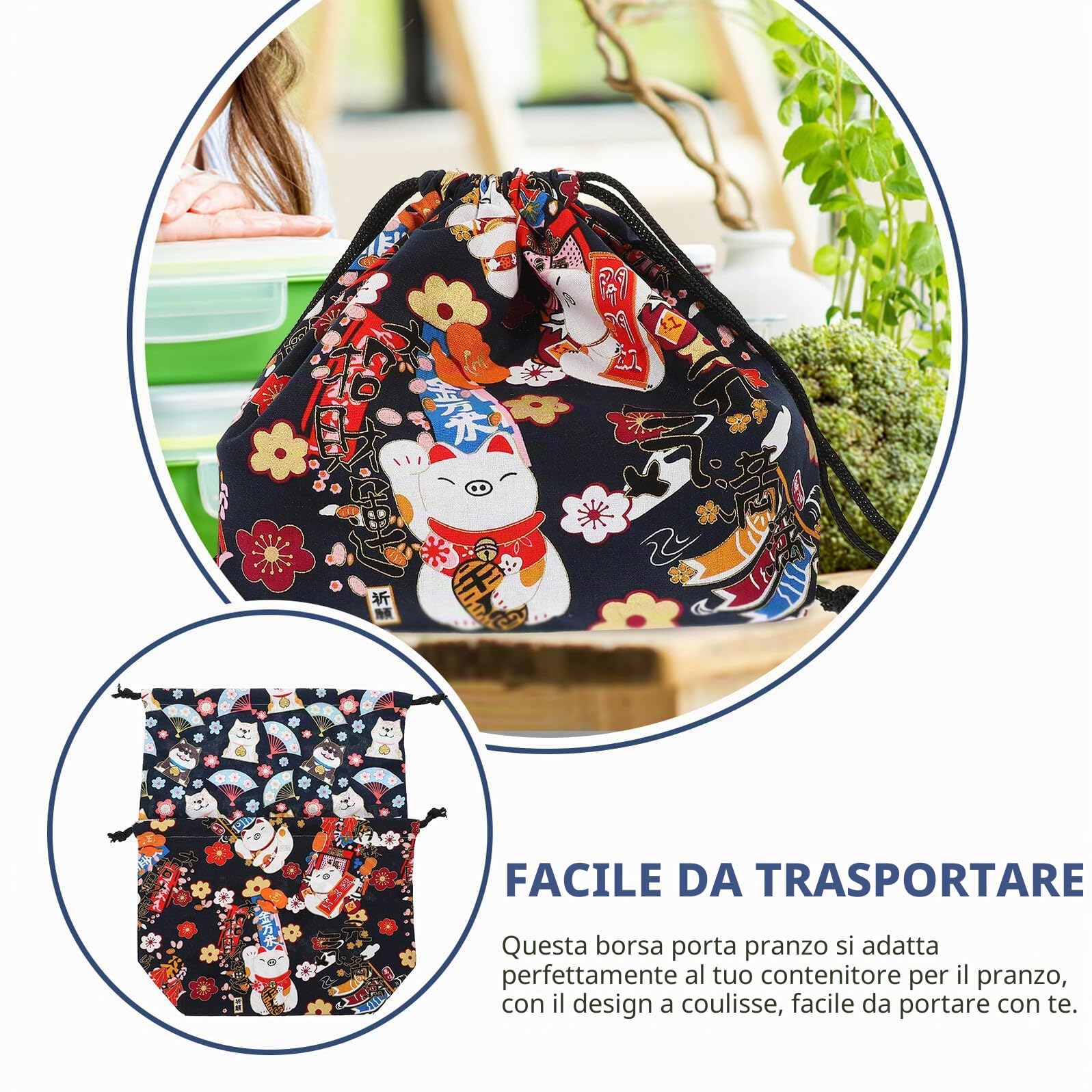 Abaodam Set 2 Pochette Termica per Solari in Cotone Riutilizzabile Coulisse, Borsa Pranzo Donna per Ufficio e Uso Outdoor, Sacchetto Pranzo Bento Box Comodo e Resistente