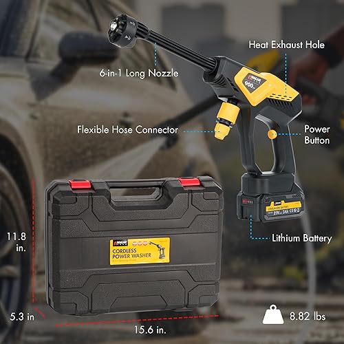 Miniatura 8 de Wagan EL6312 Lavadora a presión inalámbrica con boquilla larga 6 en 1 970PSI Lavadora eléctrica portátil con 2 baterías recargables de 3.0Ah para