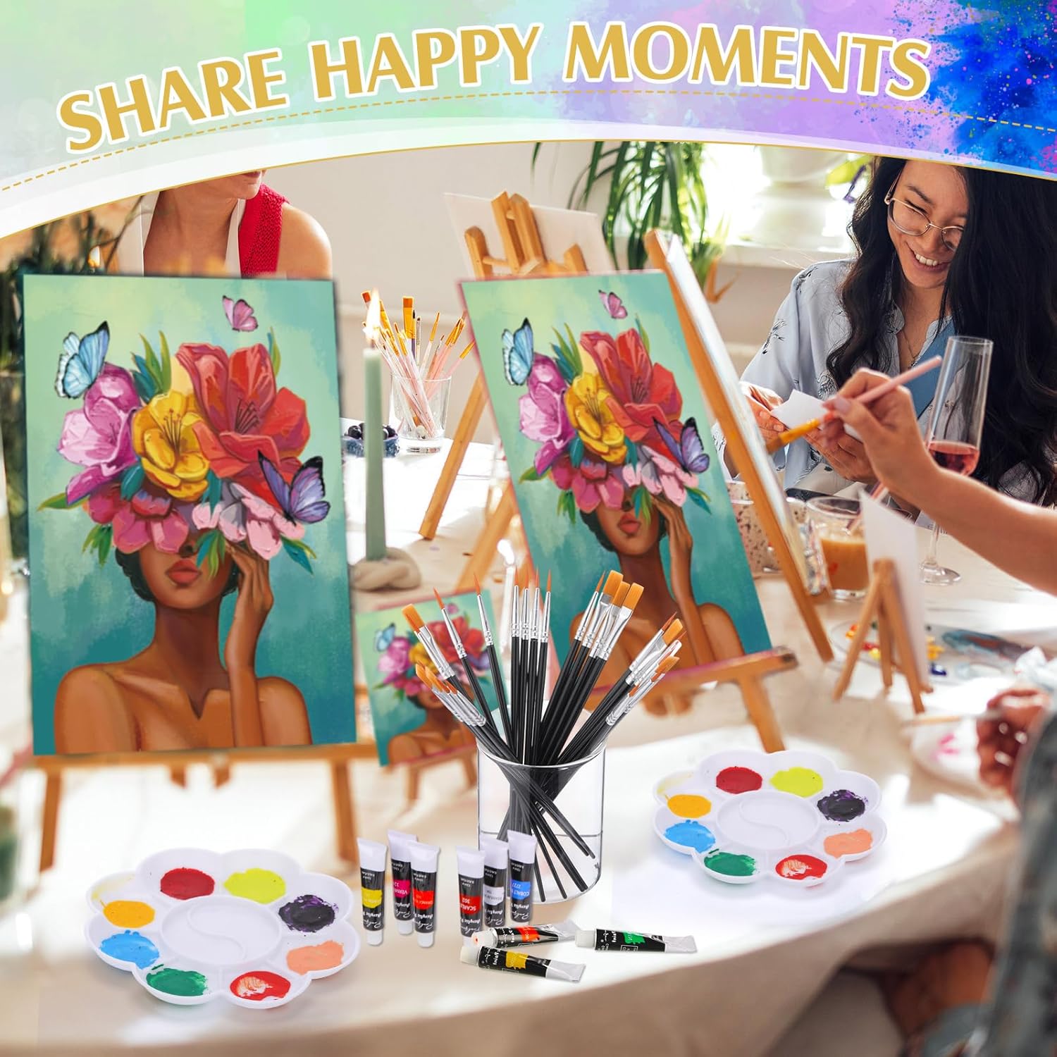 Cholemy 8 Set Paint and Sip Kit for Adults 8'' x 10'' Pre Drawn Canvas with Wooden Easels Acrylic Paint Brushes Wash Cup Palette Apron for Painting DIY Date Night Party Supplies(Flower Lady)