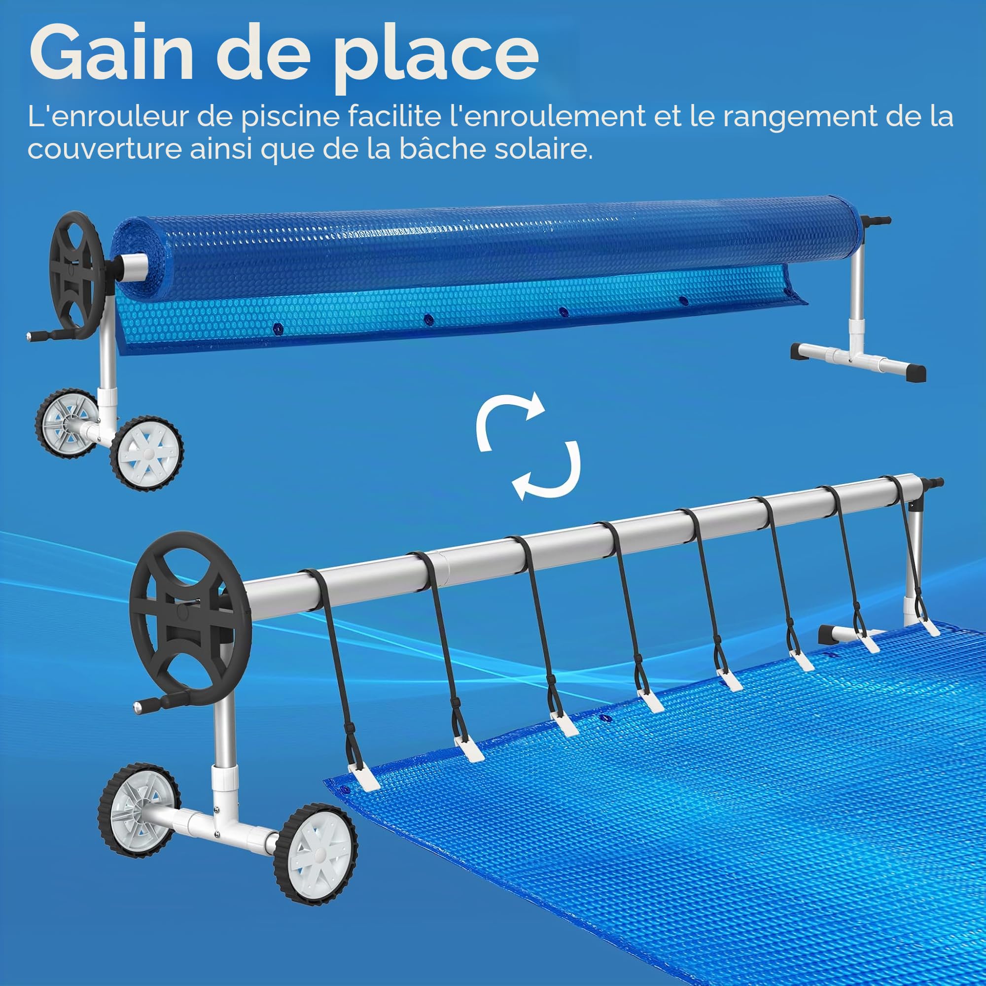 Froadp Enrouleur de piscine 300-570 cm Enrouleur de film de piscine en aluminium Systèmes d'enroulement Bâche de piscine Résistant aux intempéries Pour bâche solaire et bâches de piscine