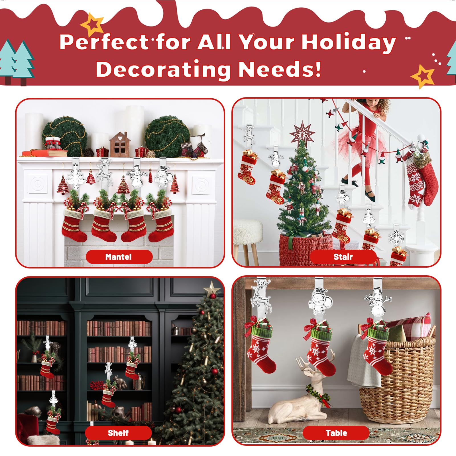 5 Pezzi Portacalze di Natale per Camino – Ganci di Metallo Antiscivolo con Fiocco di Neve Renna Pupazzo di Neve Babbo Natale Albero – Supporti Robusti per Calze Natalizie e Decorazioni Festive