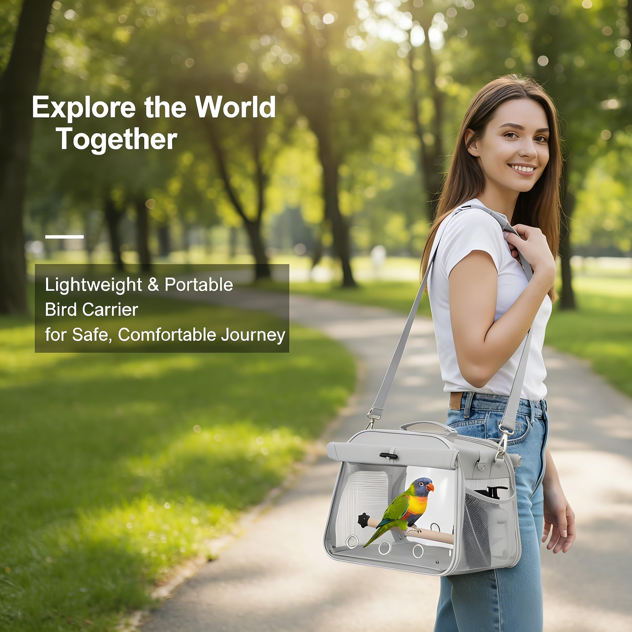 Jaula de viaje para pájaros pequeños, bolsa portátil con perchas de pie para loros, mochila transpirable para pájaros con ventana transparente para periquitos, cacatúas, periquitos, color gris