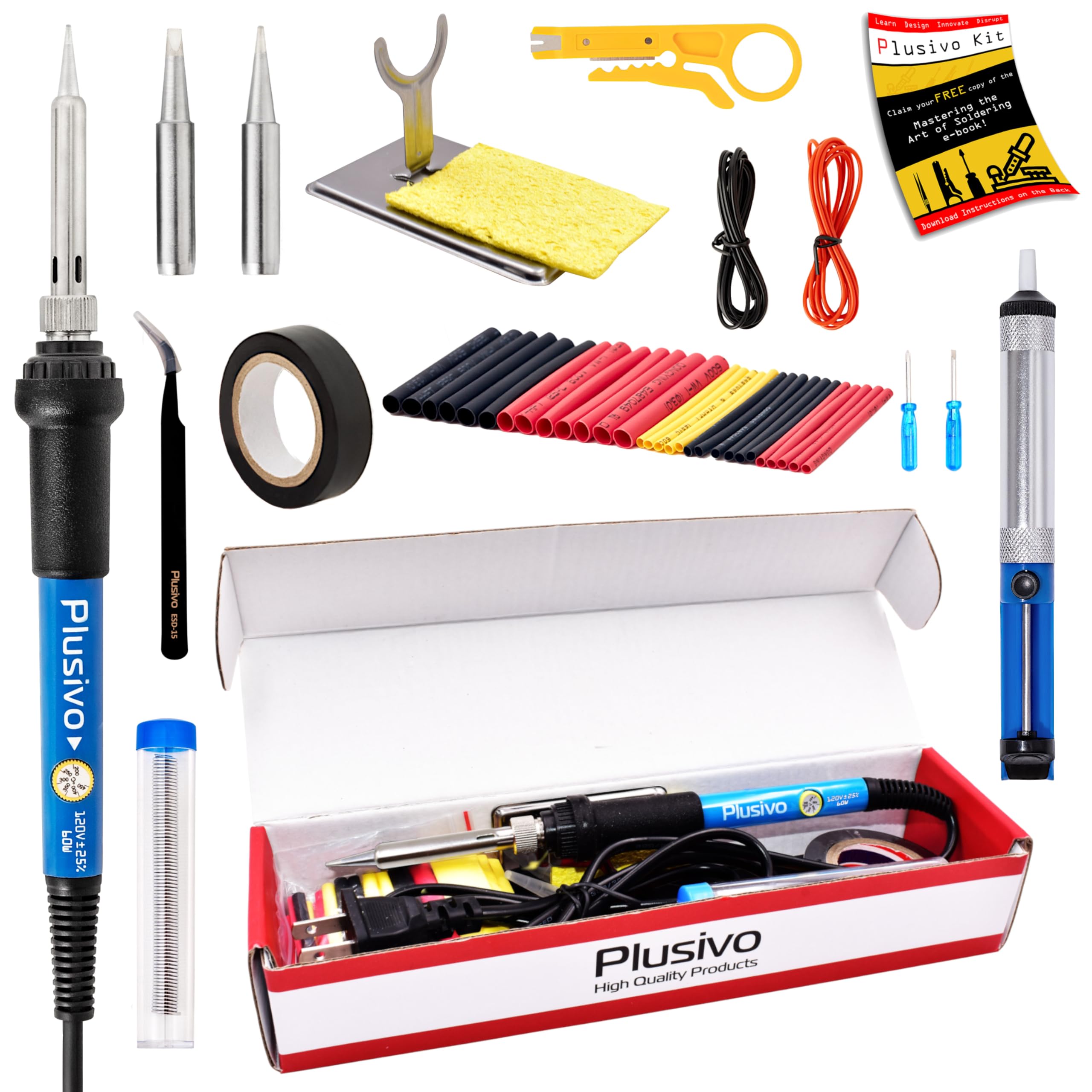 Soldering Iron Kit, 60W Adjustable Temperature 15-in-1, Solder Wire, 2 pcs Tips, Stand, Desoldering Pump, Sponge, Portable Fast Heating Welding Tool for Electronics Repair Hobby DIY 120V from Plusivo
