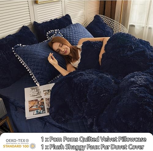 Miniatura 3 de LIFEREVO - Juego de funda de edredón afelpado peludo de lujo, conjunto de edredón de terciopelo suave (1 funda de edredón de piel sintética + 1