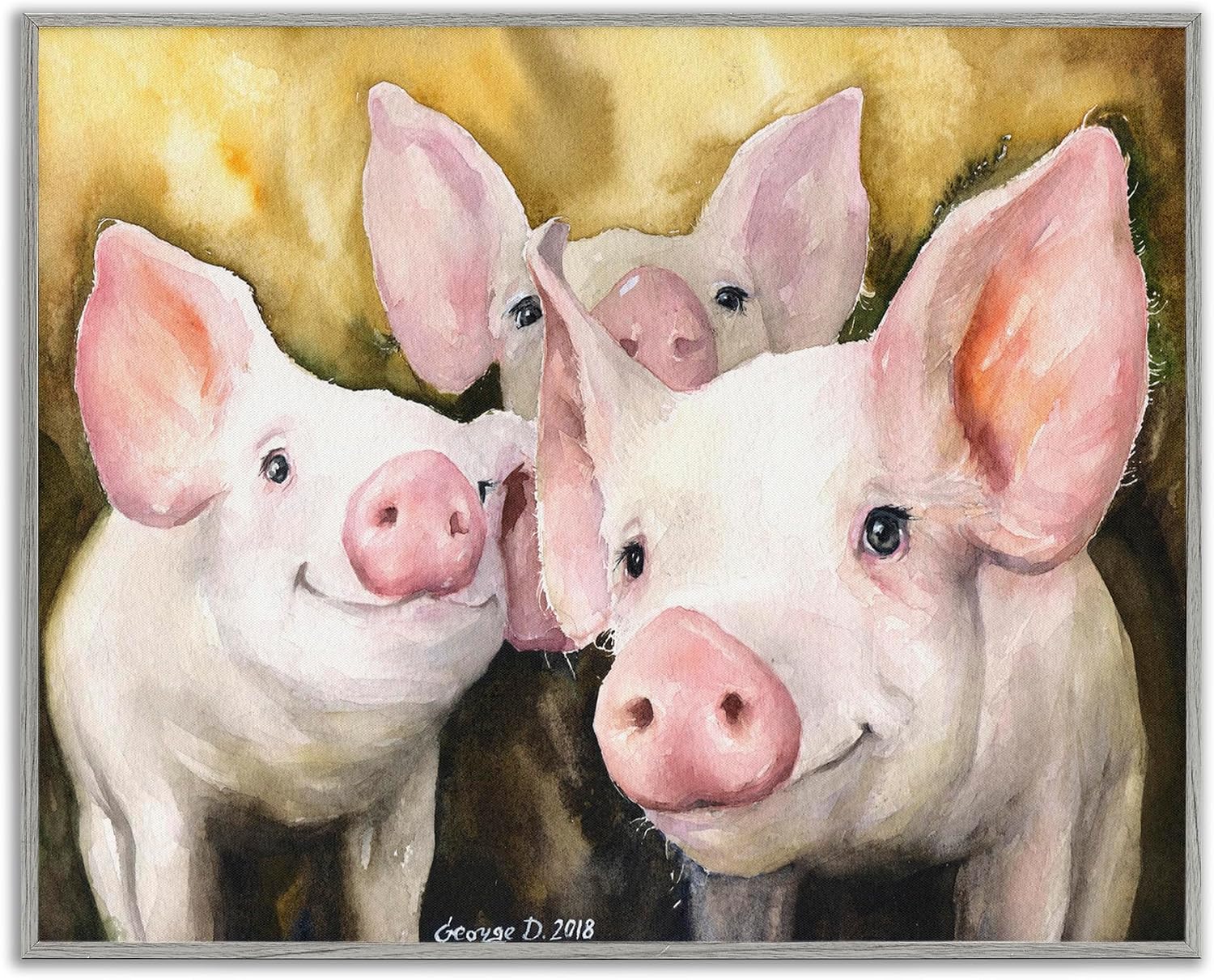 Stupell Industries 'Baby Pigs on Yellow', Framed Giclee Art, Gray, 30 x 24 Inches, Easy to Hang and Sturdy, Made in USA, by George Dyachenko