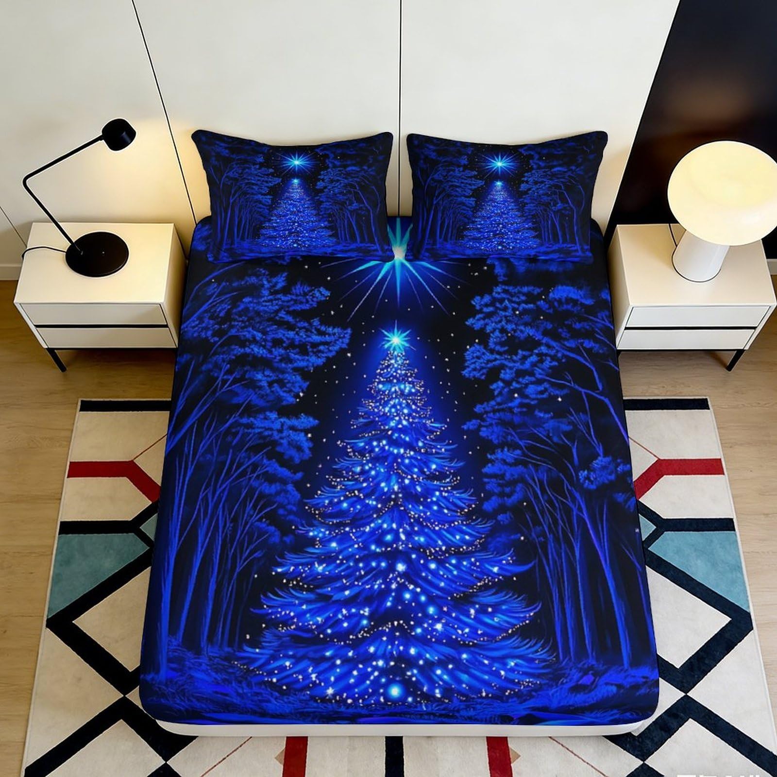 3D Printed Blue Christmas Tree Fitted Sheet Microfiber Festive Forest Bed Cover for Bedroom Guest Room Decor 180x200x25cm