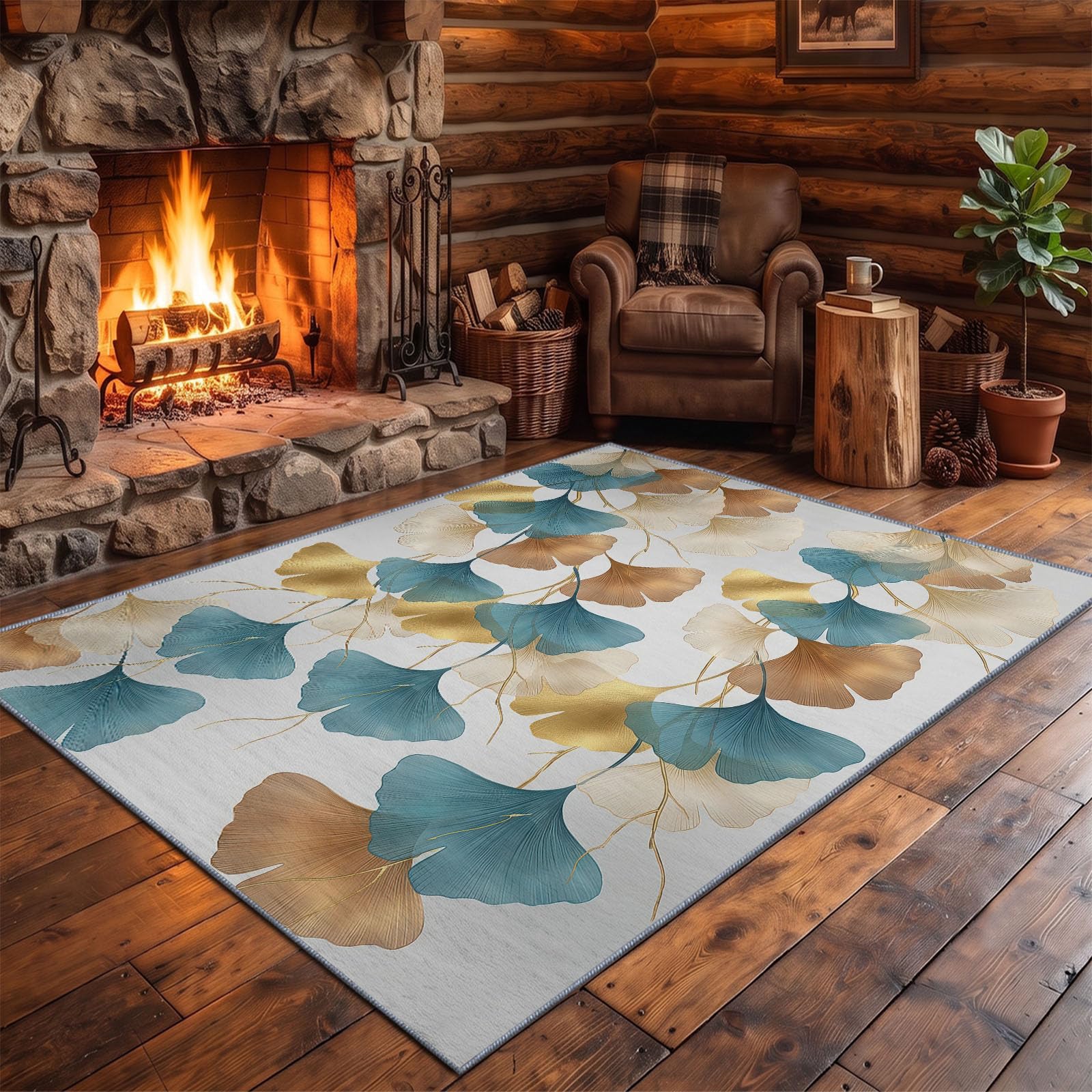 Lavure D'Encre Tapis de Salon Lavable en Machine 80 x 150 cm, Tapise antidérapant, Tapis de Chambre Style Illustration Végétale Feuilles De Ginkgo pour Le Salon, la Chambre et la Cuisine, Blanc