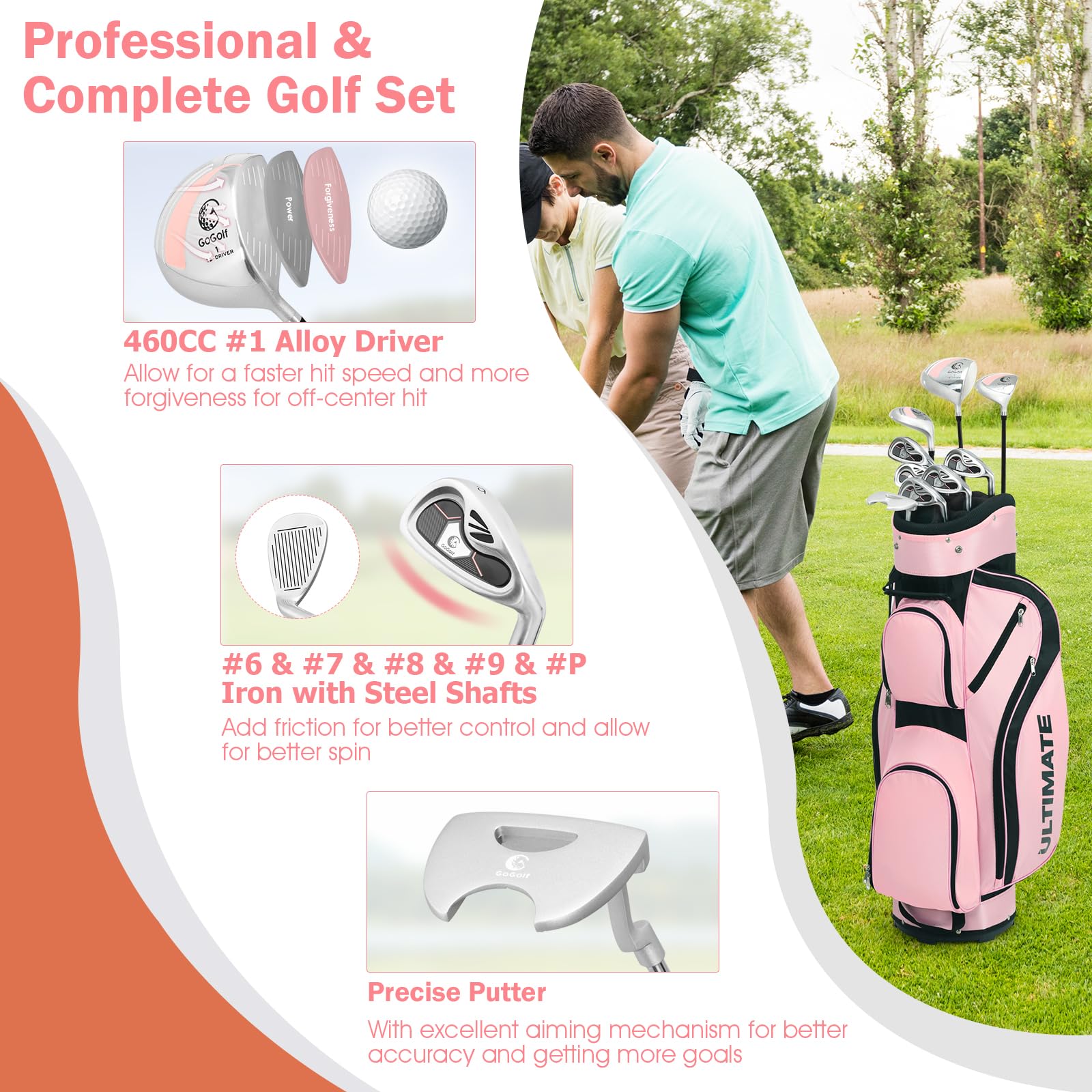 LIFEZEAL Juego de Golf Femenino Completo, Kit de Golf para Mujer con Driver, Fairway, Híbrido, Hierro Zinc, Putter, Rosa