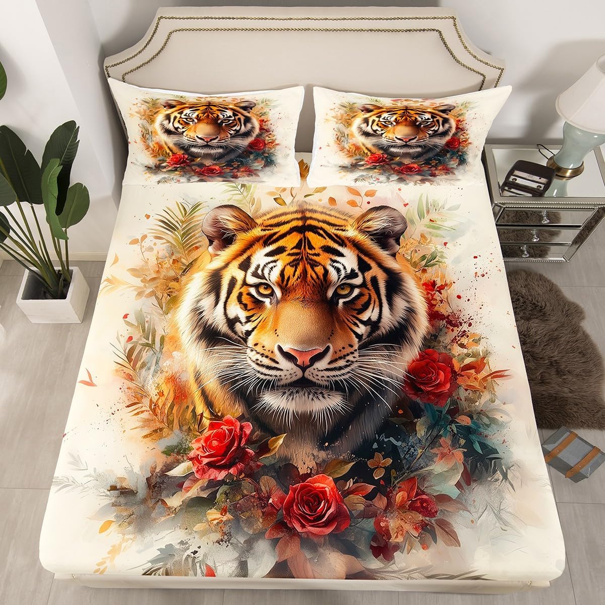 Feelyou Tiger Sheet Set King Size Animal Sheets with Deep Pocket Fitted Sheet Flower and Plants Bed Sheets Set Wildlife Bedding Set Room Decor Orange Beige Bed Set
