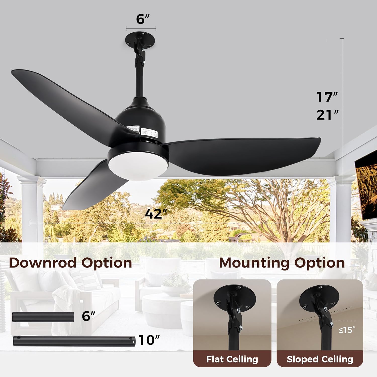HOMREST 42 Inch Outdoor Ceiling Fan with Light,Waterproof Plug in Ceiling Fan,Outdoor Gazebo Fan,App&Remote Control,3 Colors LED Light,6-Speed Quiet DC Motor,Reversible,for Patio Porch(Black)