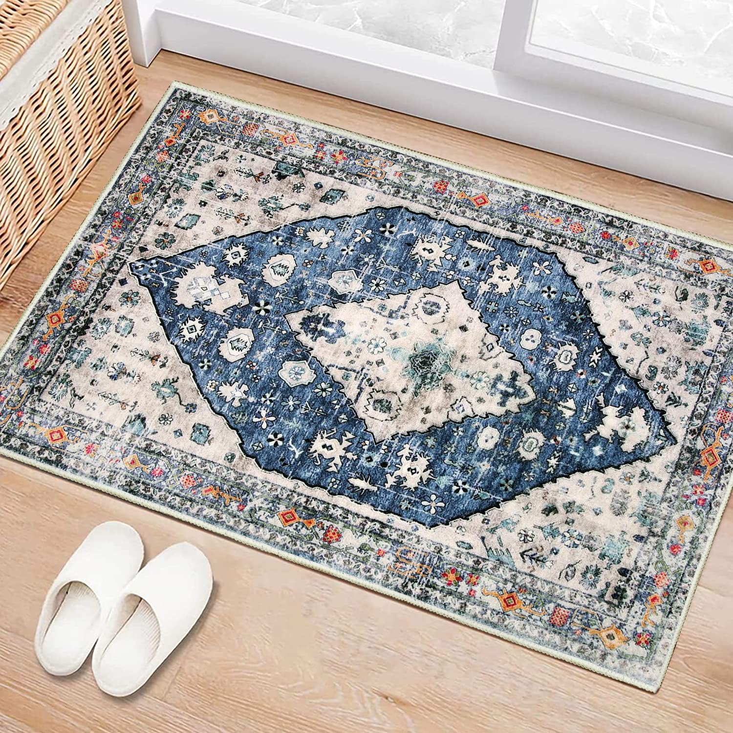 Tapis vintage à poils courts doux lavable antidérapant pour salon, chambre à coucher, chambre d'enfant, salle à manger, couloir, cuisine - Bleu - 40 x 60 cm