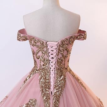 Sequined Pearl Off Shoulder Ball Prom Dress Floor Lenght Tulle Quinceanera Dresses Formal Princess Ball Prom Dress