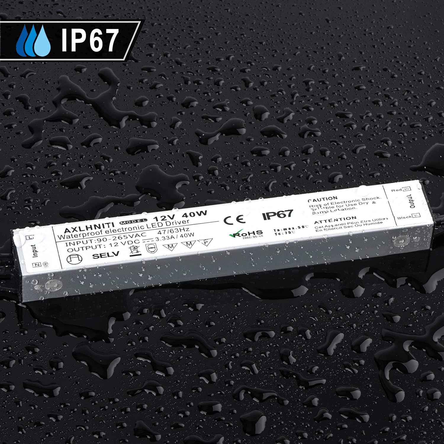 LED Power Supply - 40W, IP67 Waterproof, 90V-265V AC to 12V DC, 3-Prong Plug, 3.3ft Cable for LED Strip Lights