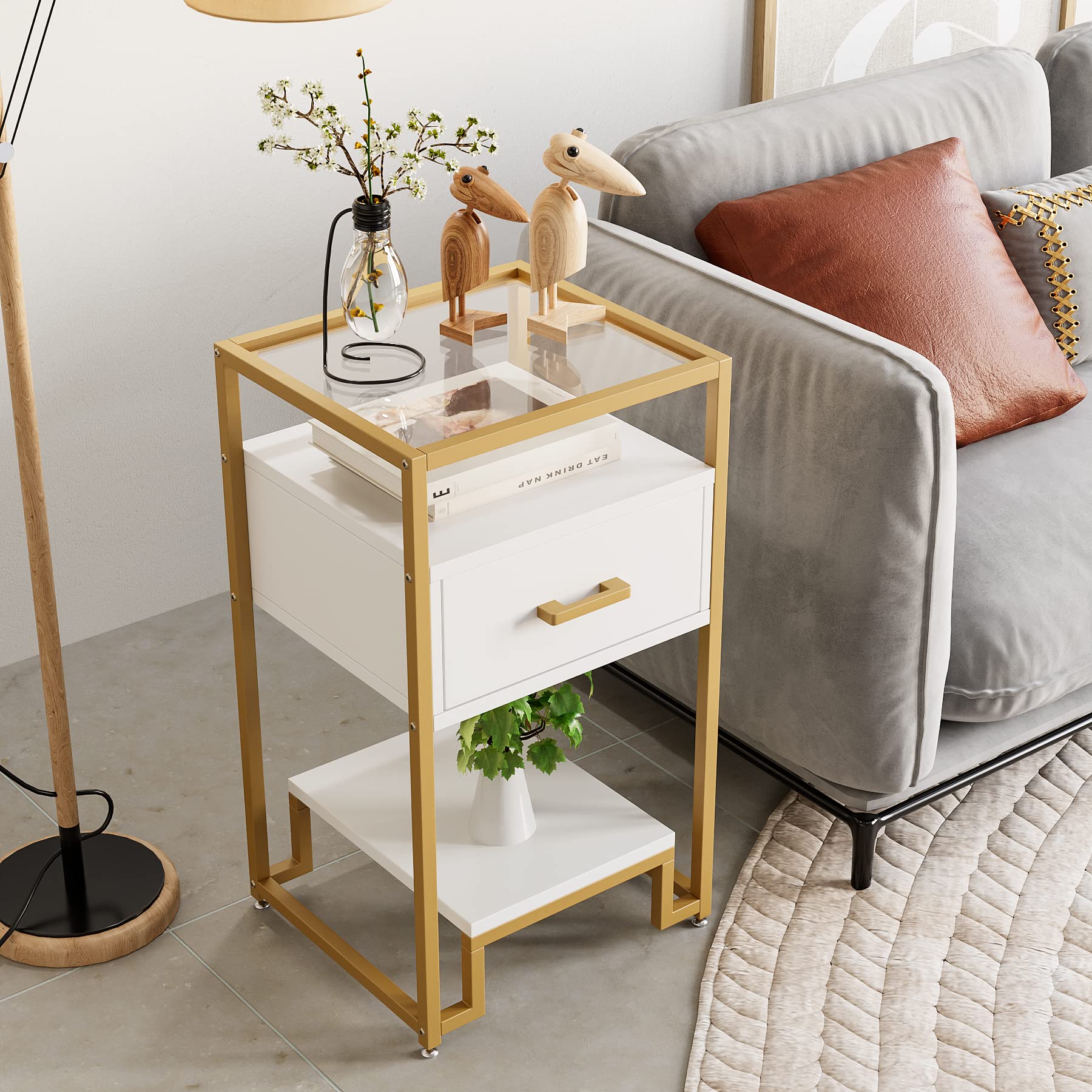 Garvee Table de Rangement 3 Niveaux avec Tiroir, Table Basse Moderne, Blanc