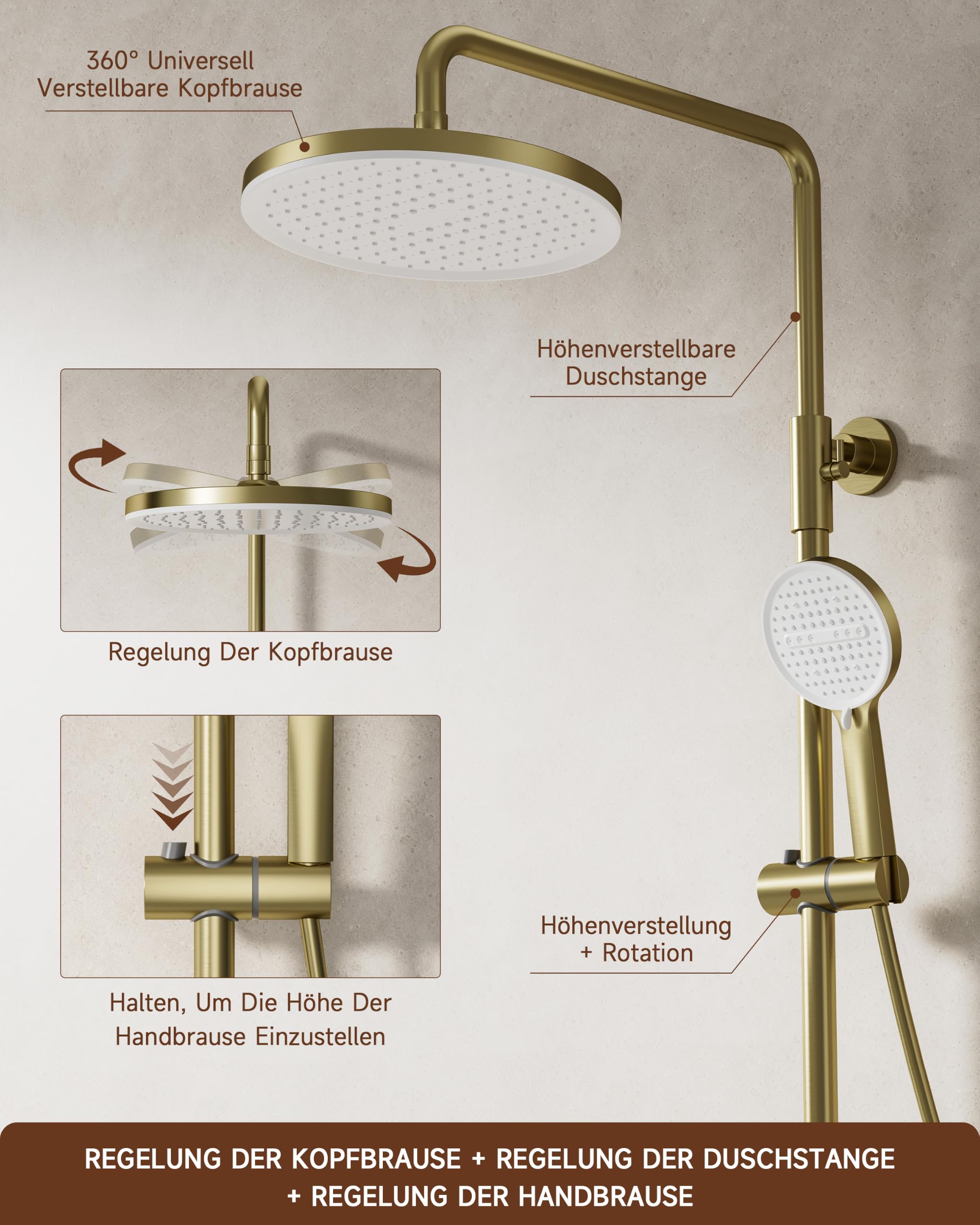 Duschsystem, Multifunktionale Dusche, Gold gebürstet, Messingkörper