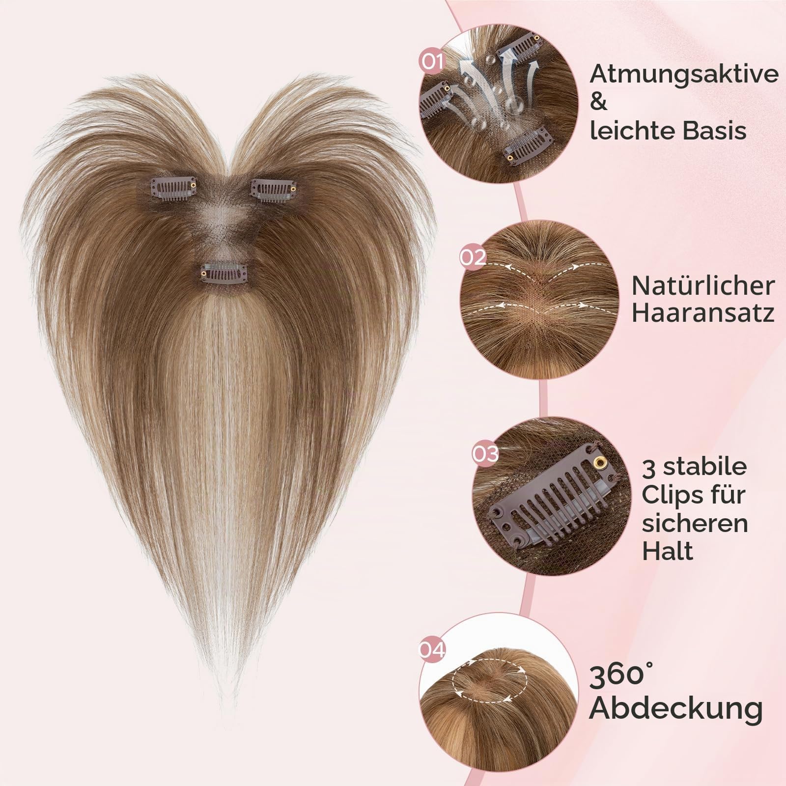 Echthaar Hair Topper für Frauen mit Wispy Pony - Mittelbraun/Dunkelblond Toppers 100% Echtes Haar Clip in Topper Menschliches Haar Top Hat T Spitze Basis für mit Dünnem 13 Gramm