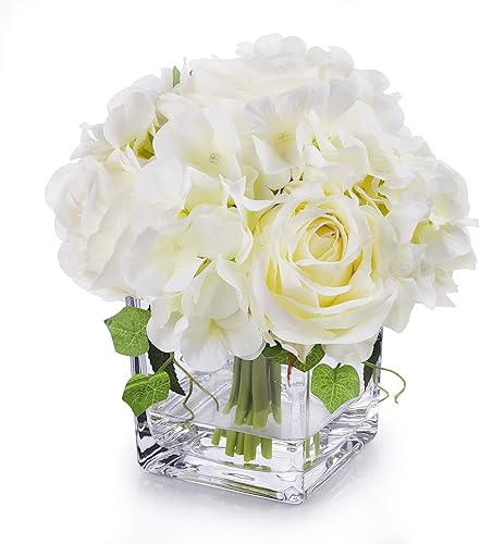 ENOVA HOME Arreglos de flores artificiales de rosas y hortensias de seda en jarrón de cristal para boda en casa (crema)