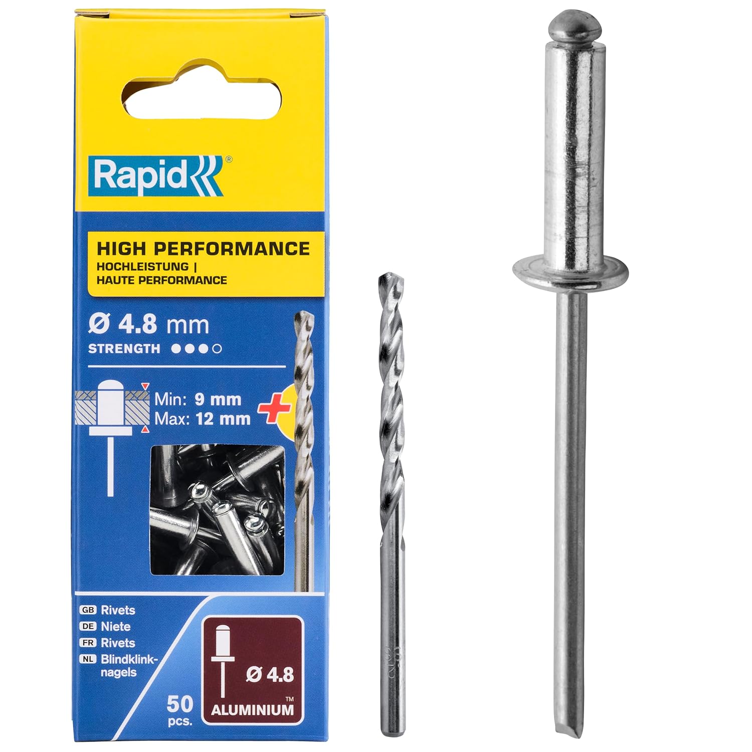 Rapid Rivets High Performance Including Drill Piece, 4.8 x 12 mm, 5000388-50 Pieces, Silver/Blue/Clear
