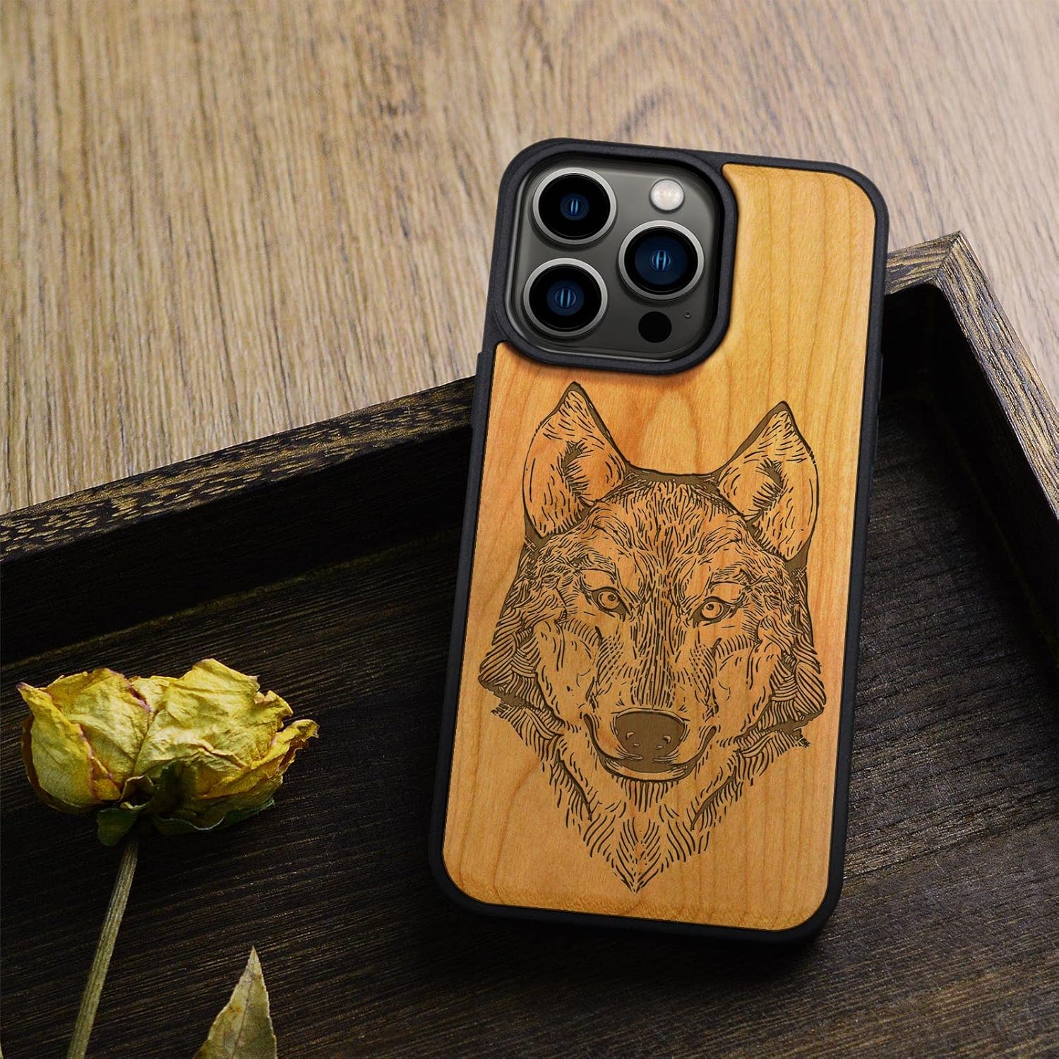 Carveit Magnetic Wood Case for iPhone 14 Pro Case [Natural Wood & Black Soft TPU] Unique & Classy Wooden Shockproof Protective Cover Compatible with magsafe (Wolf Head -Cherry)