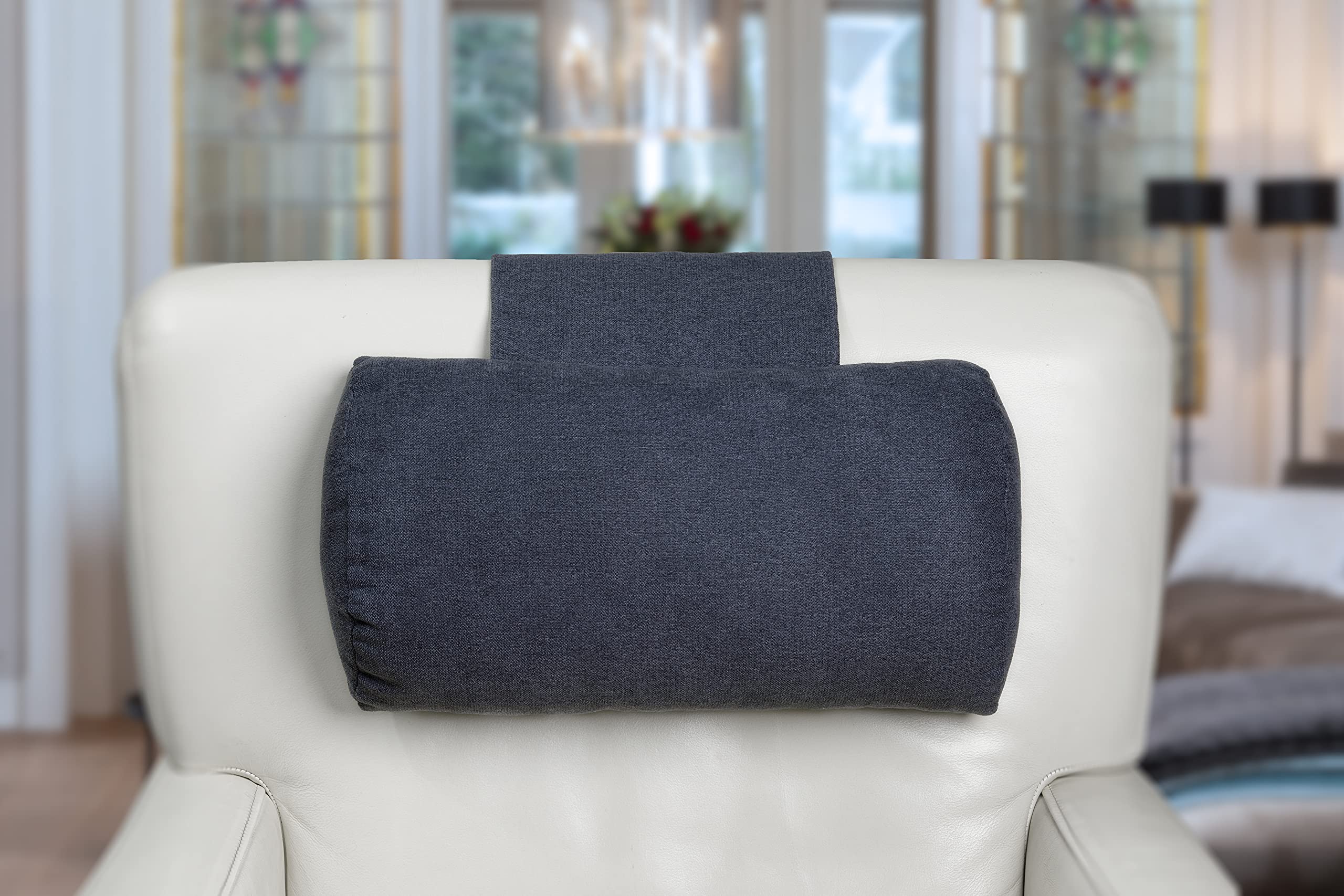 Almohada Confort Cervical para Sillones Reclinables y Sillas, 40cm de Ancho - Almohada Ajustable con Soporte Ergonómico y Contrapeso - Funda Lavable, Transpirable y Suave - Azul/Gris