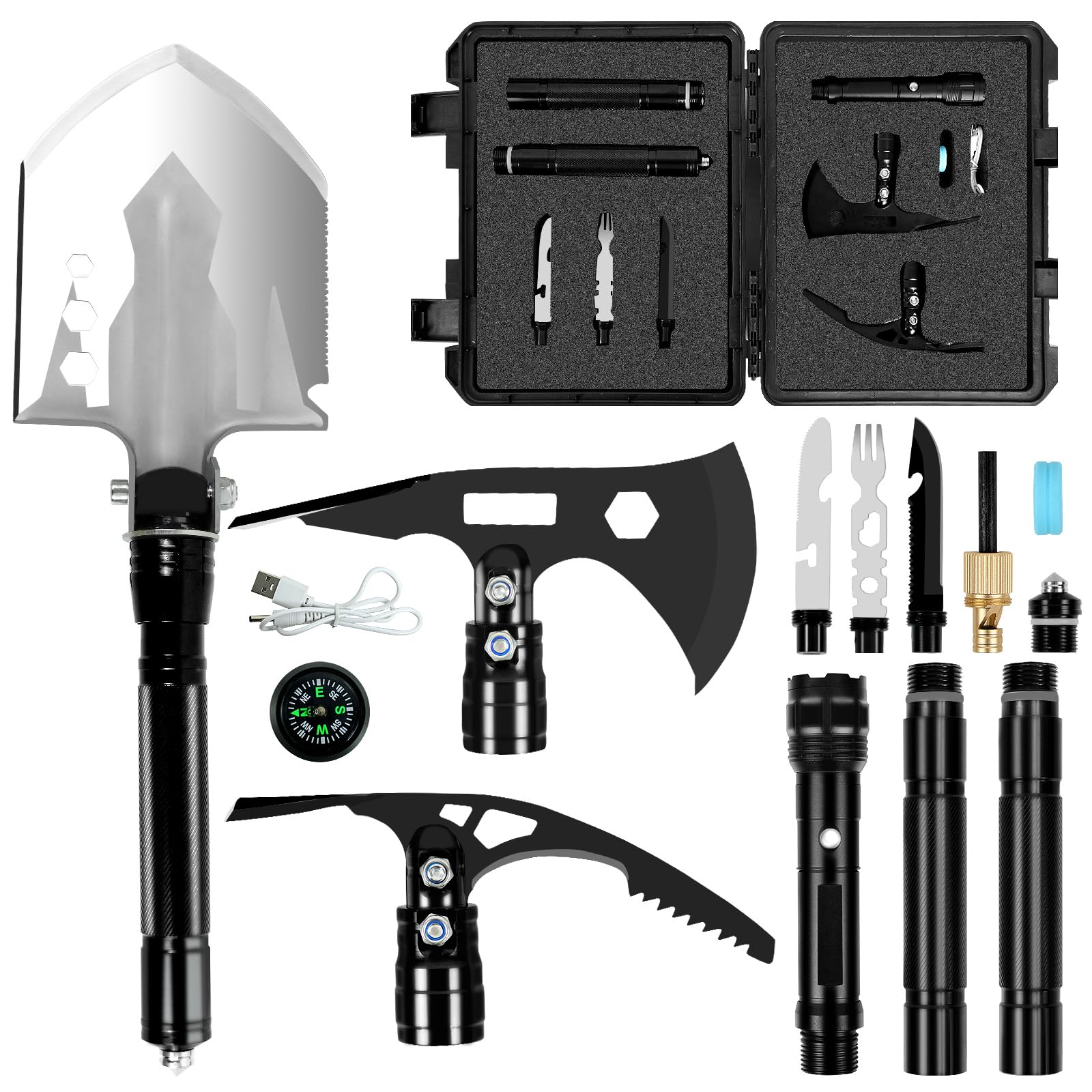 Camping Shovel Axe Survival Set Folding Multi-Tool Portable Lightweight for Adults High Military Carbon Stainless Steel for Outdoor Adventure, Hiking, Backpacking, Fishing, Emergency with Handle Box