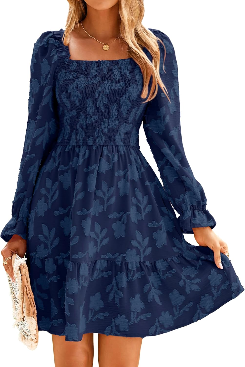 BerryGo Women's Square Neck Fall Long Sleeve Mini Dress Smocked Swing Ruffle Wedding Guest Dress