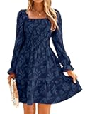 Women's Square Neck Fall Long Sleeve Mini Dress Smocked Swing Ruffle Wedding Guest Dress