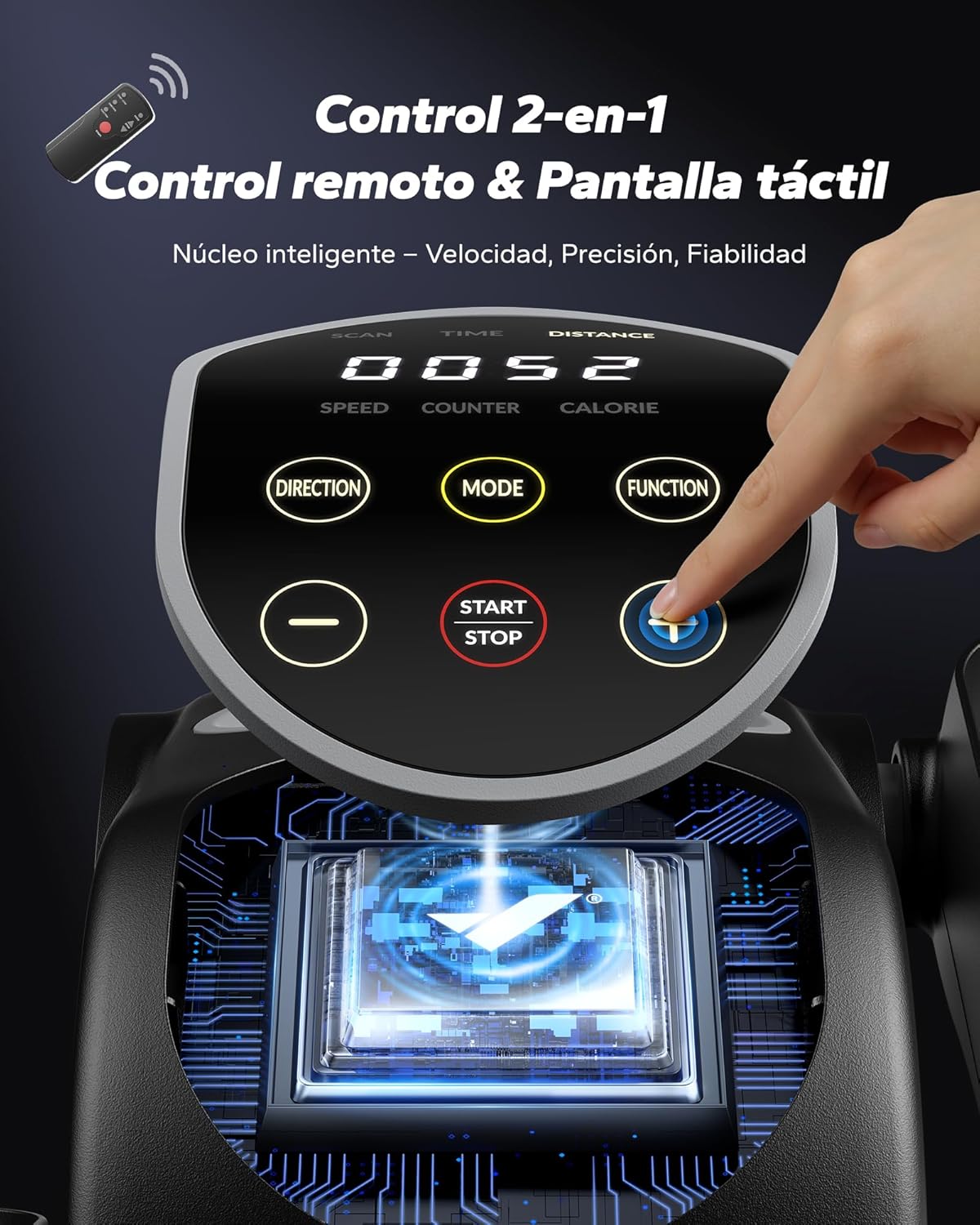 Close-up of the MERACH E32-2025 Elliptical's control panel and remote control, illustrating the 2-in-1 control options for speed, mode, direction, and start/stop.